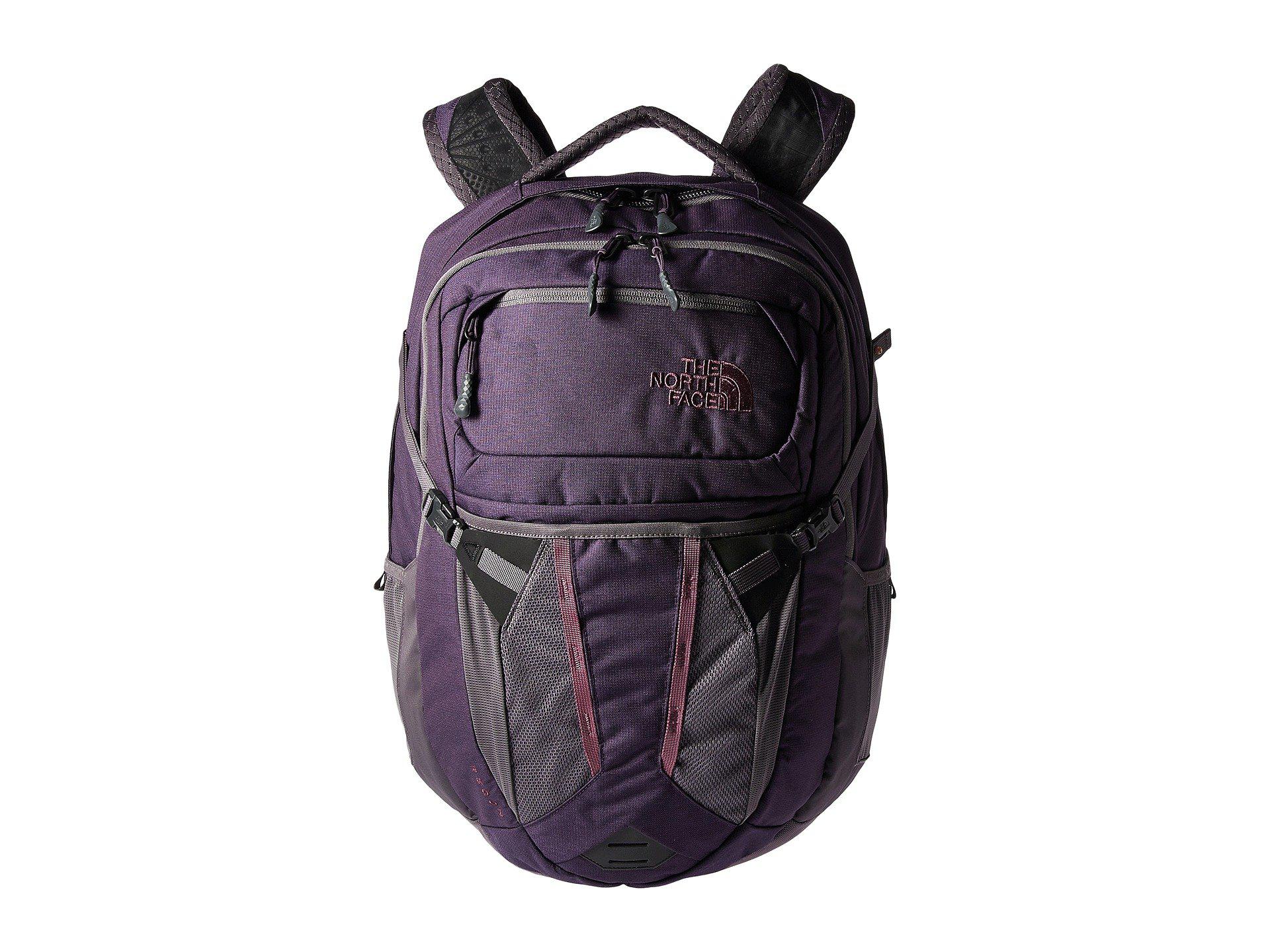 grey and purple north face backpack