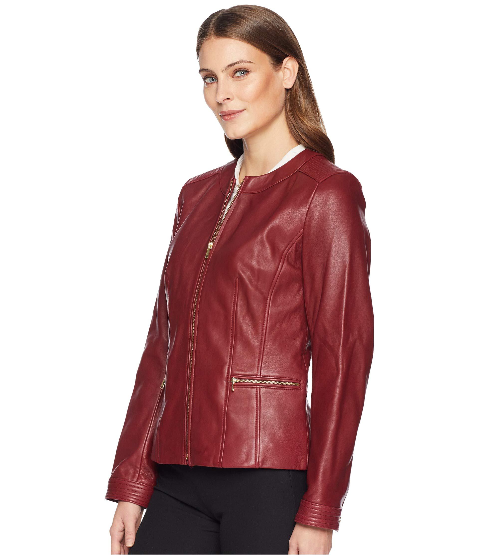 Cole Haan Leather Lambskin Zip - Front Jacket in Ruby Red (Red) | Lyst