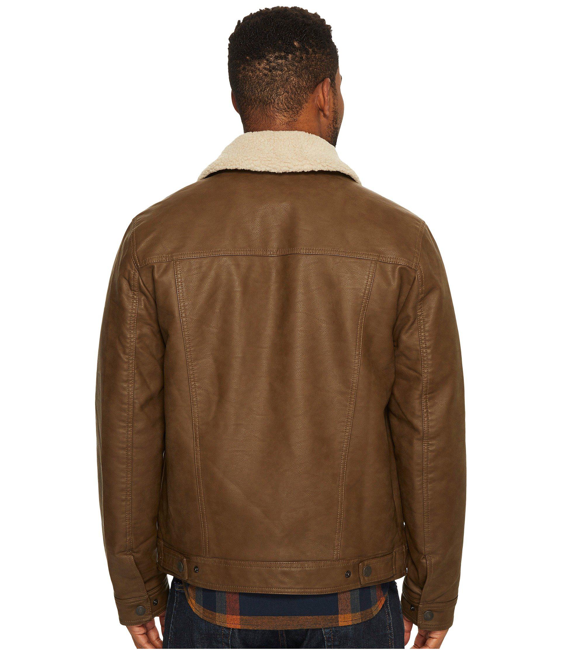 Levi S R Faux Leather Trucker With Sherpa Collar And Polytwill Lining Dark Brown Men Coat