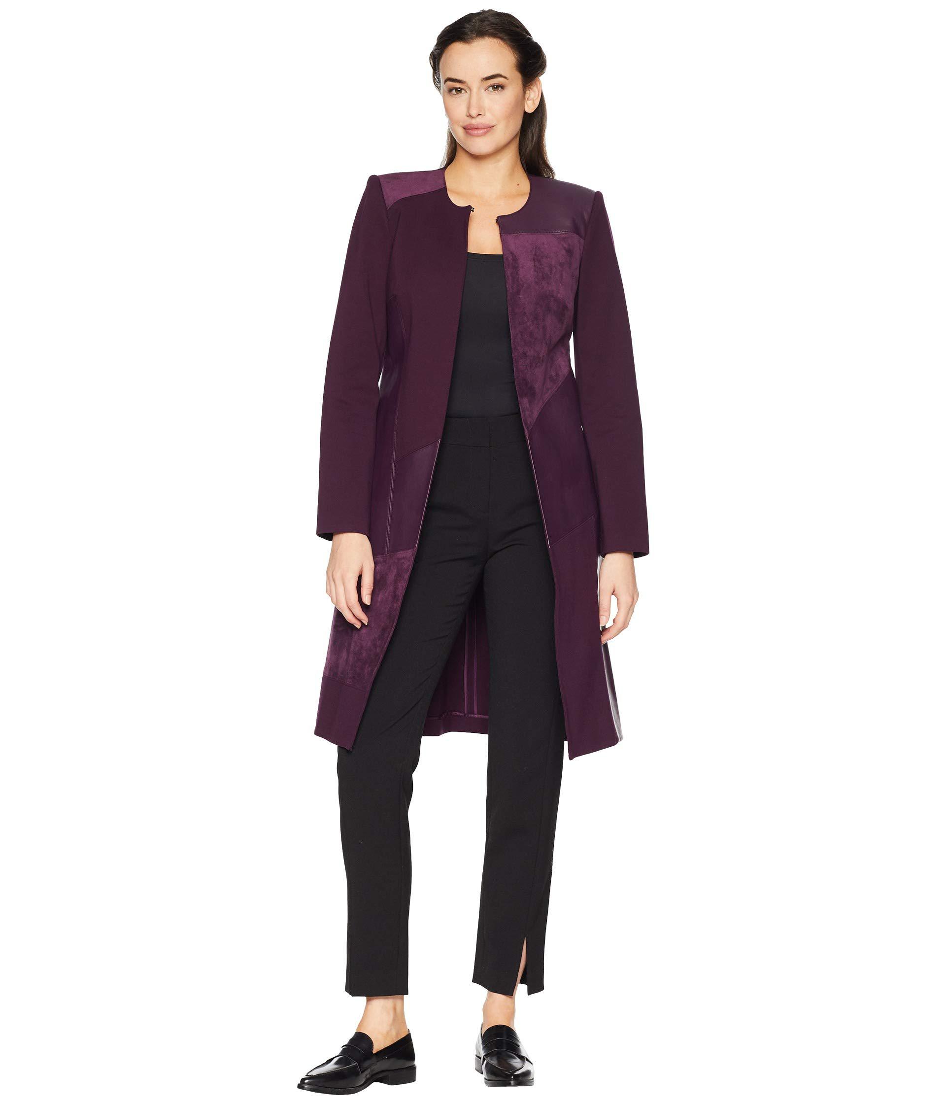 Calvin Klein Long Jacket W/ Suede Faux Leather (aubergine) Women's Coat
