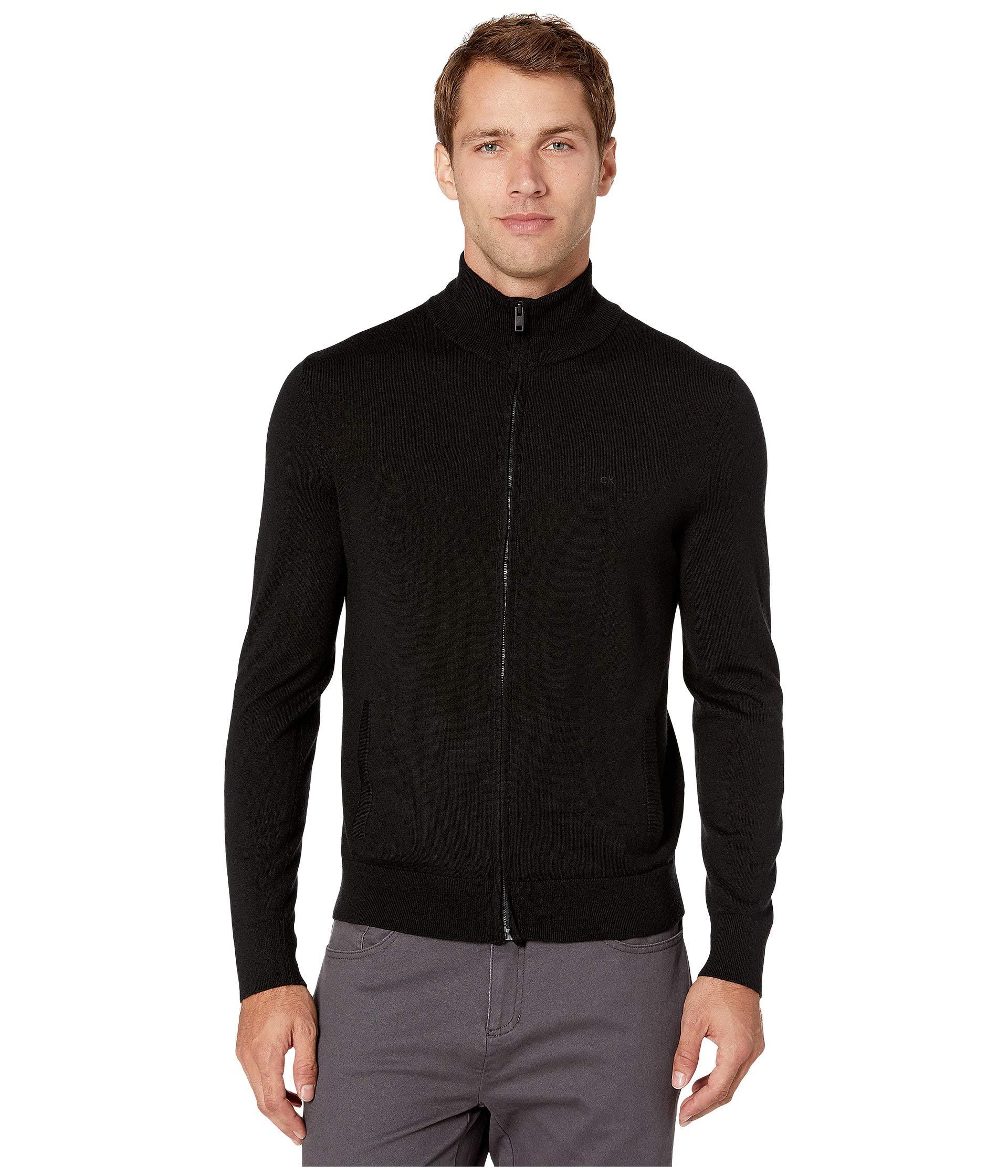 Calvin Klein Wool Merino Full Zip Sweater in Black for Men - Lyst