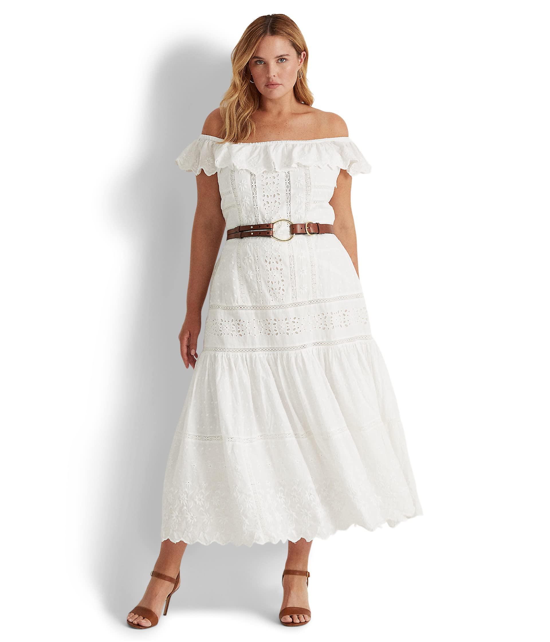 Lauren by Ralph Lauren Plus Size Eyelet Off-the-shoulder Cotton Dress in  White | Lyst