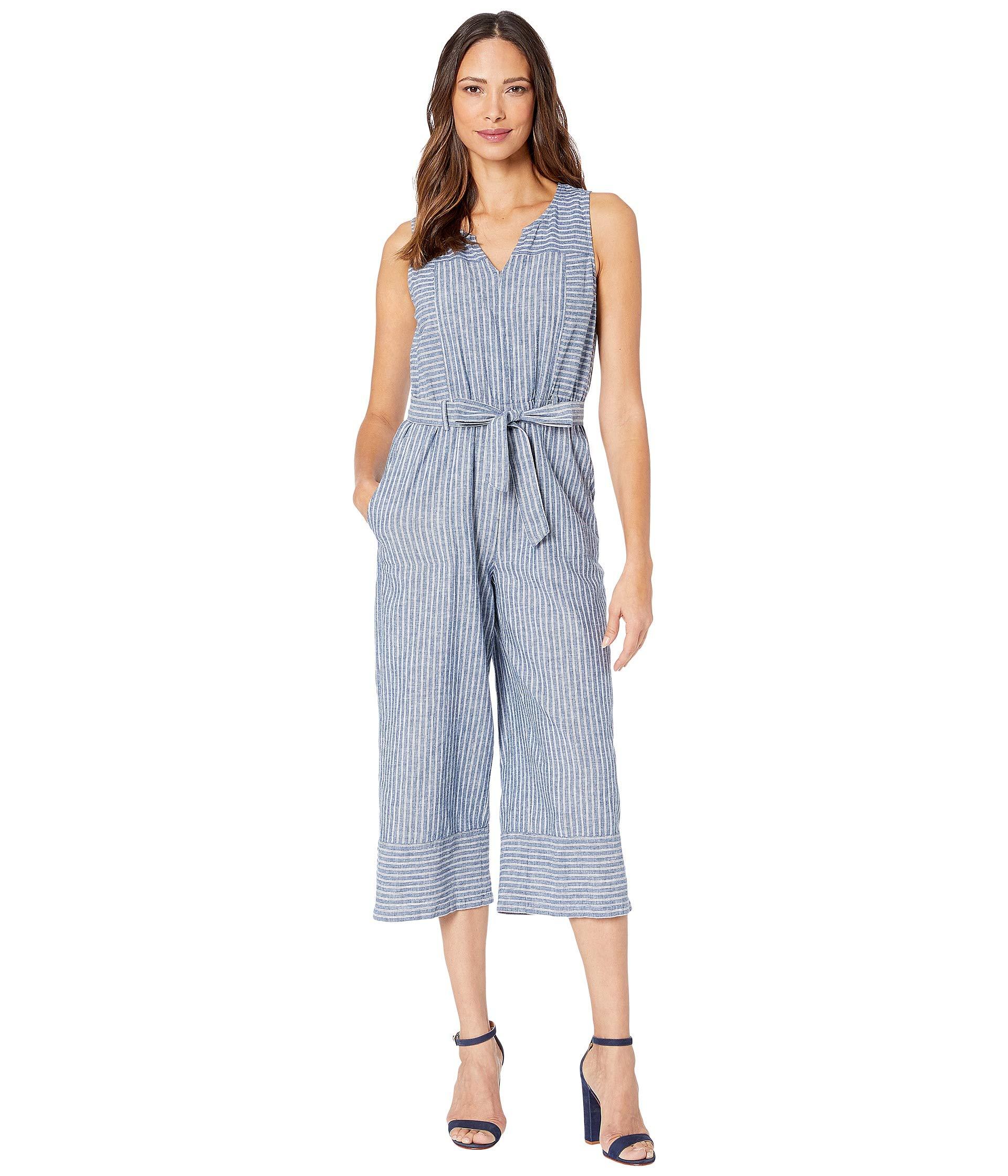 Vince Camuto Cotton Sleeveless Ticking Stripe Belted Jumpsuit in Navy ...