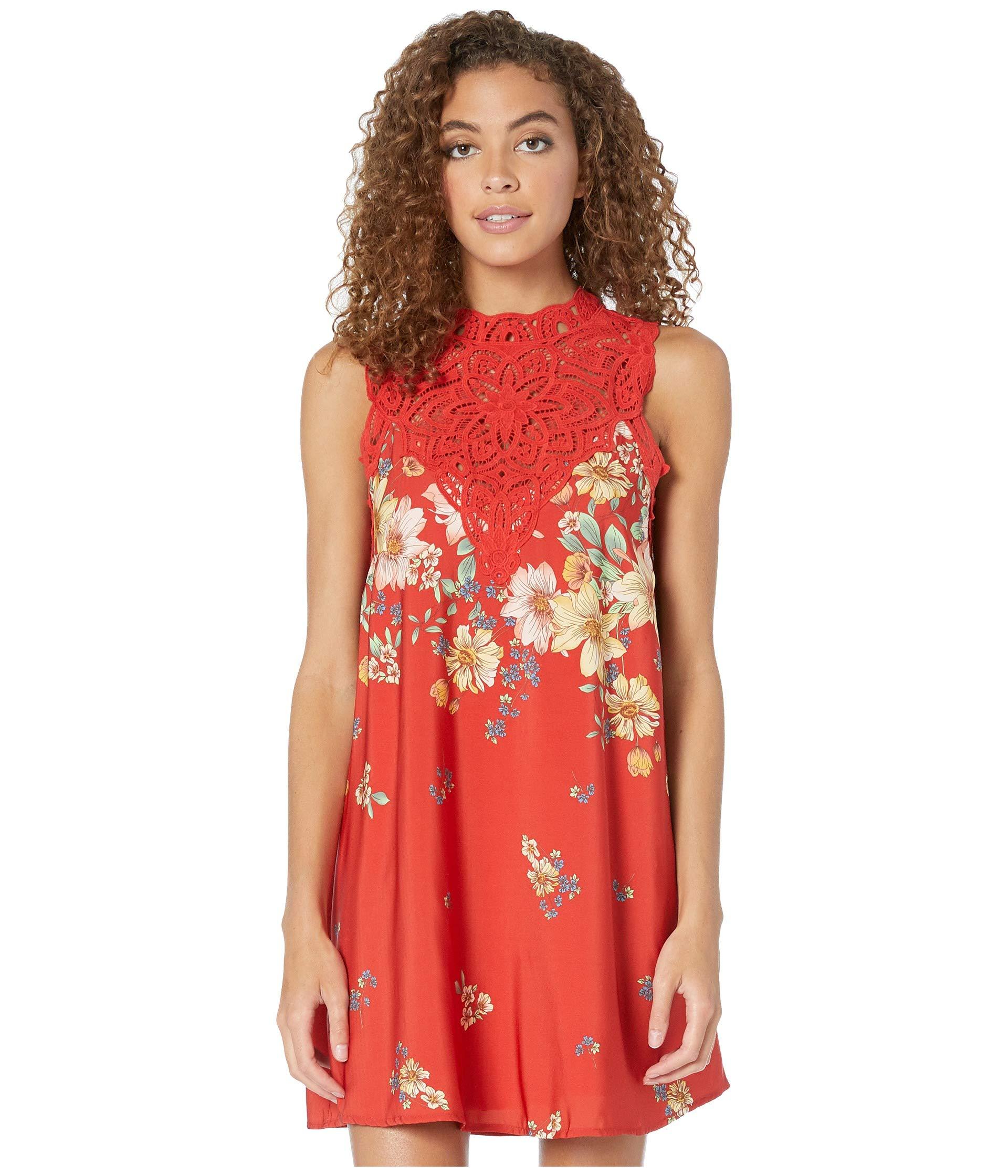 Miss Me Lace Floral Mock Neck Swing Dress in Red - Lyst
