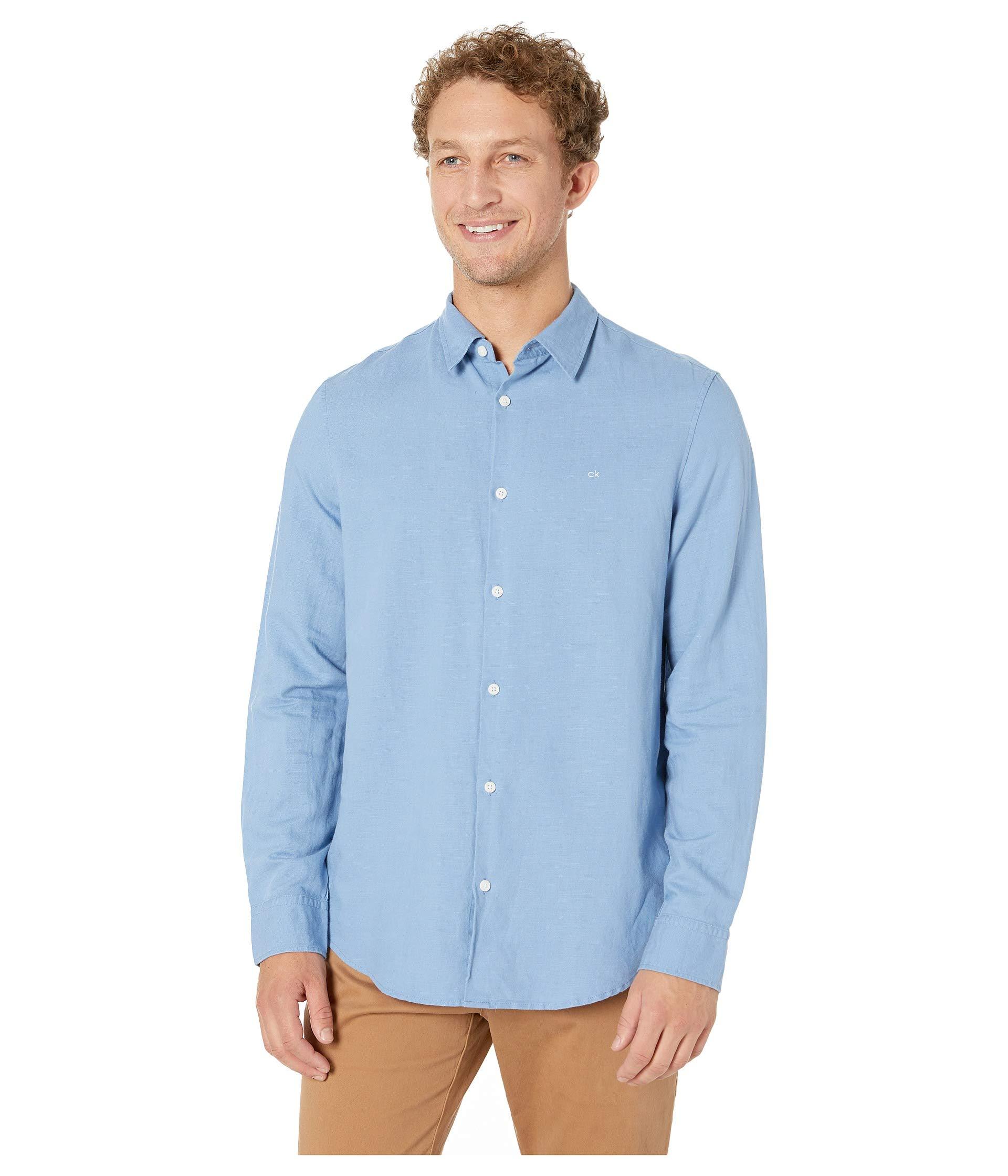 Calvin Klein Long Sleeve Cotton Linen Button Down Shirt in Blue for Men