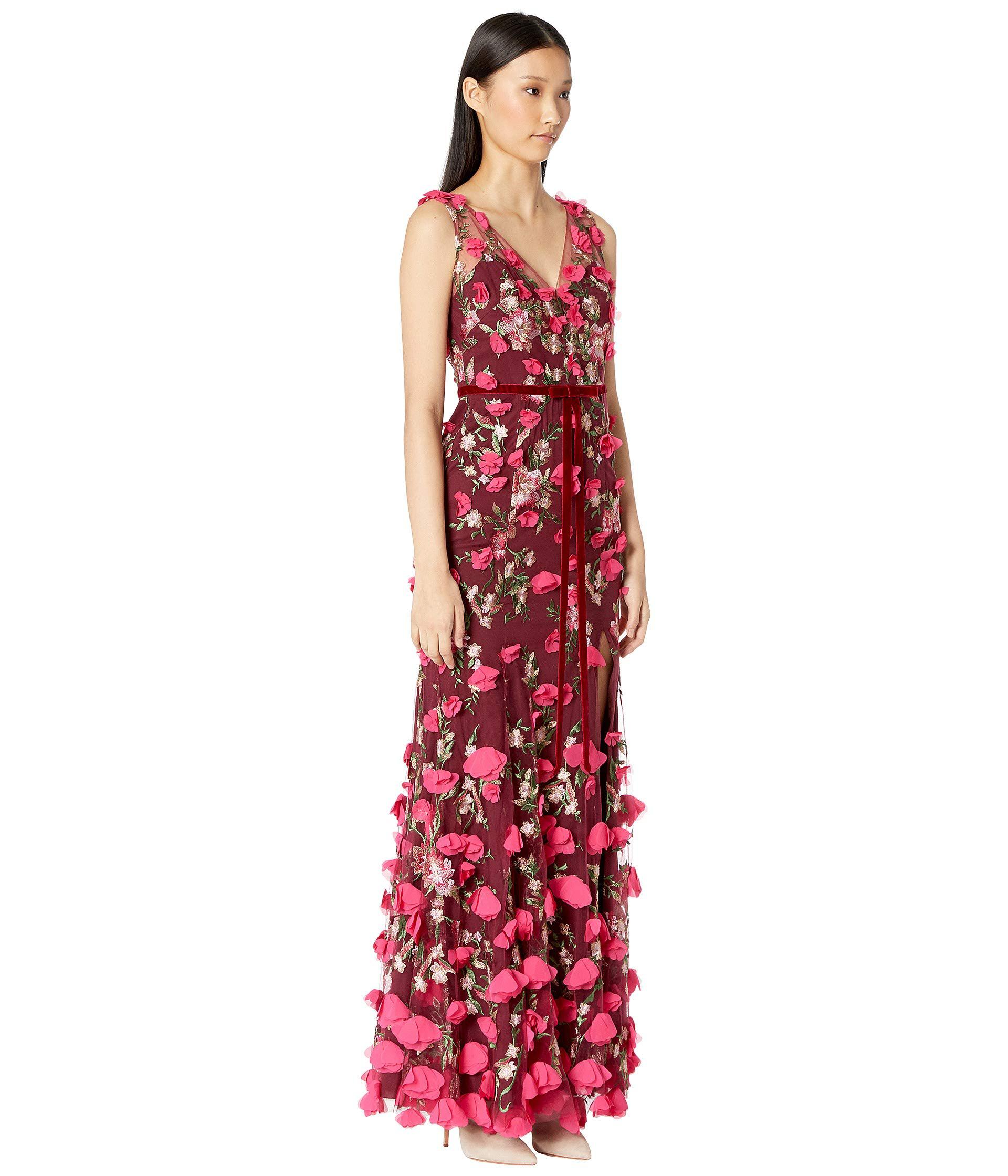 marchesa notte wine floral lace gown