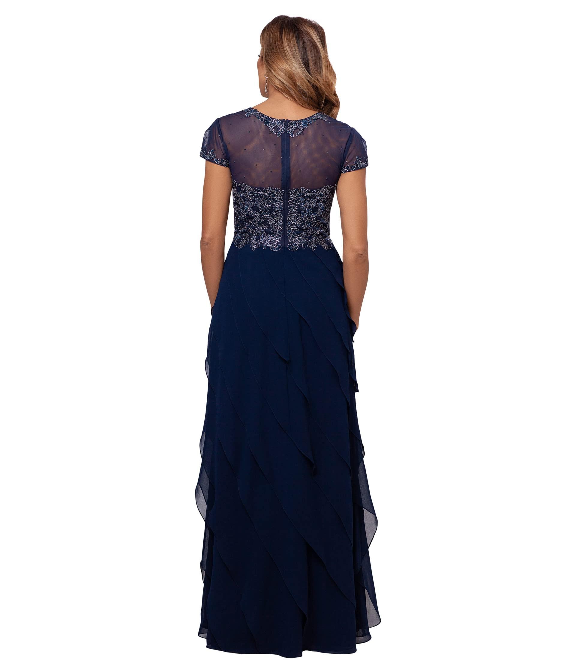 Xscape Long Cap Sleeve Tiered Gown With Appliques in Blue | Lyst