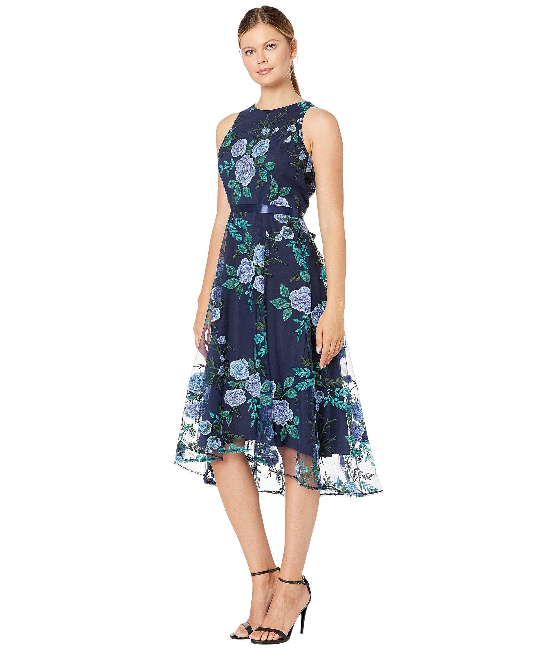 Tahari Synthetic Embroidered Floral Mesh Dress W/ Ribbon Sash in Navy ...
