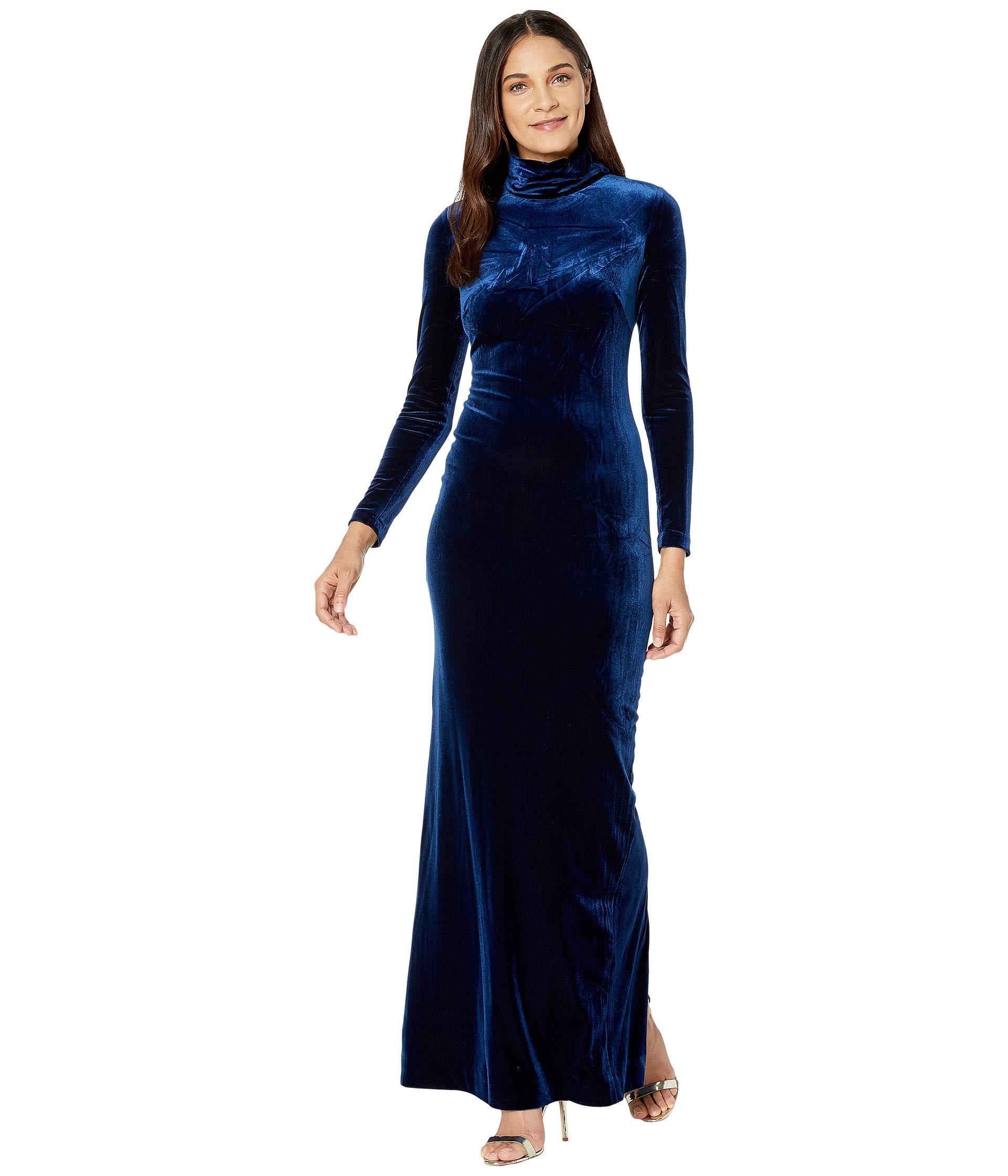 Badgley Mischka High Neck Long Sleeve Velvet Slim Gown in Blue | Lyst
