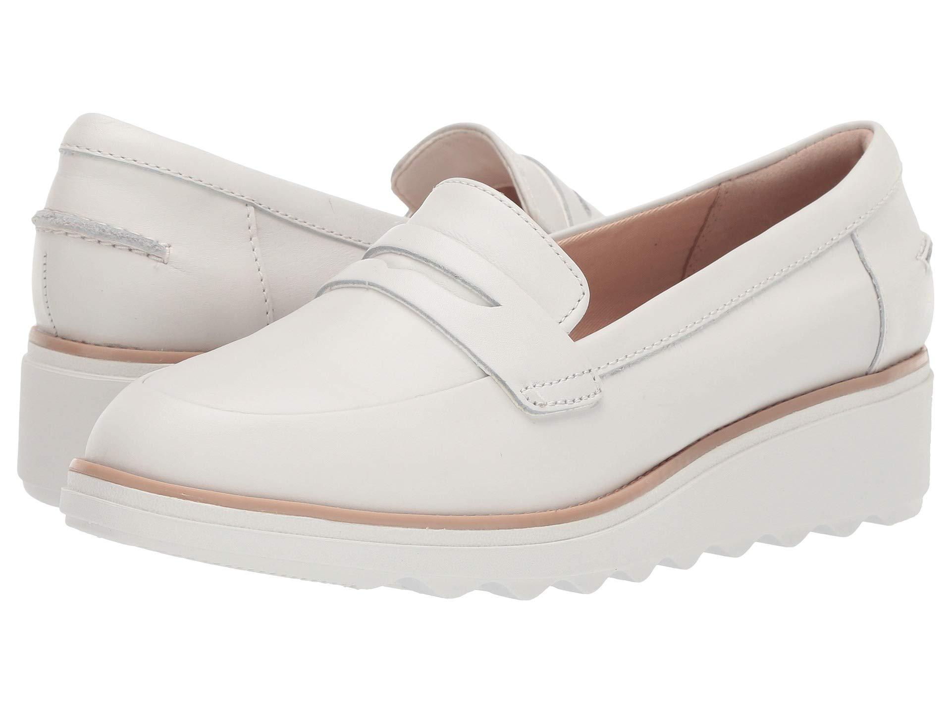 Clarks Sharon Ranch Womens Wedge Heel Penny Loafers in White | Lyst