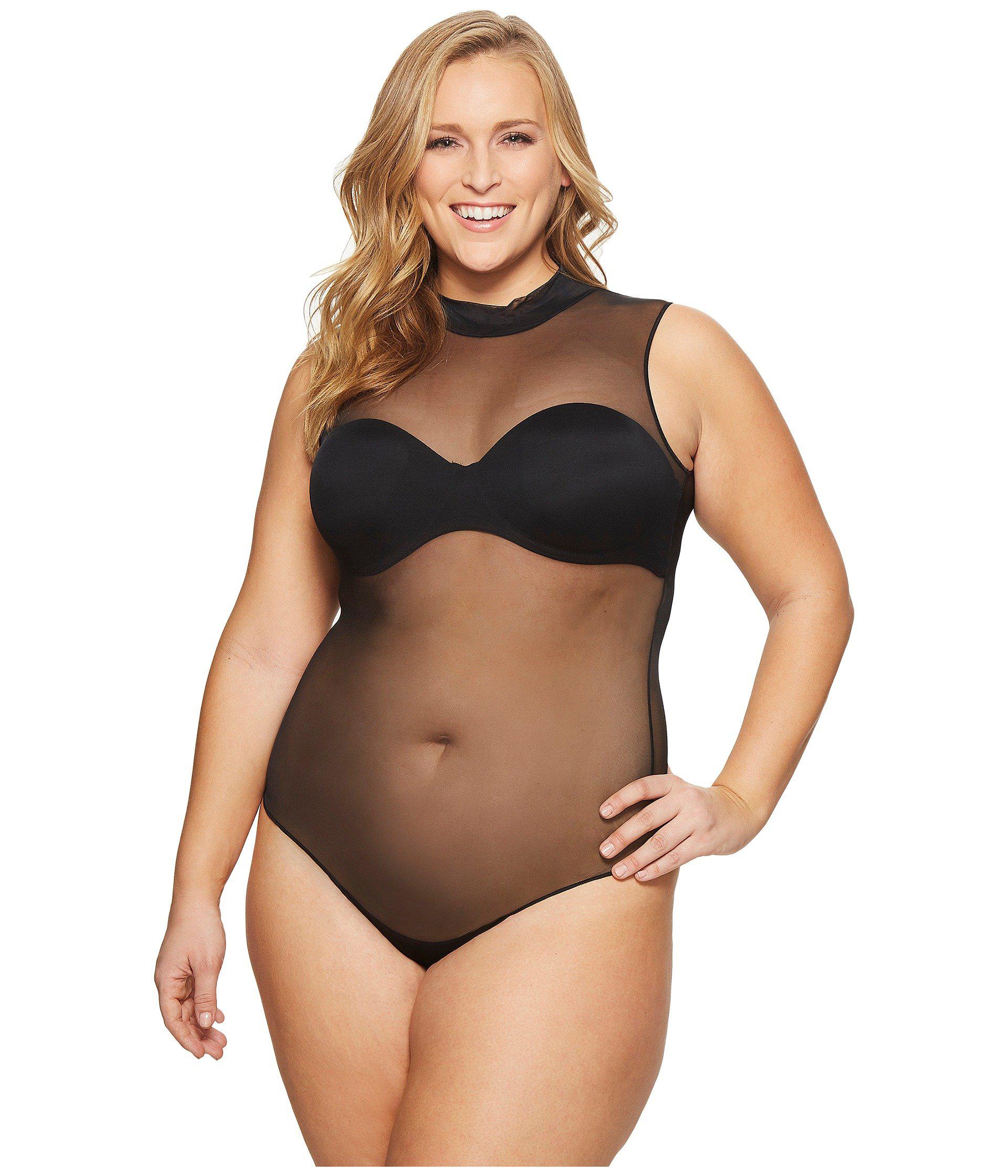 Spanx Cotton Plus Size Sheer Fashion Mesh Thong Bodysuit in Black Lyst