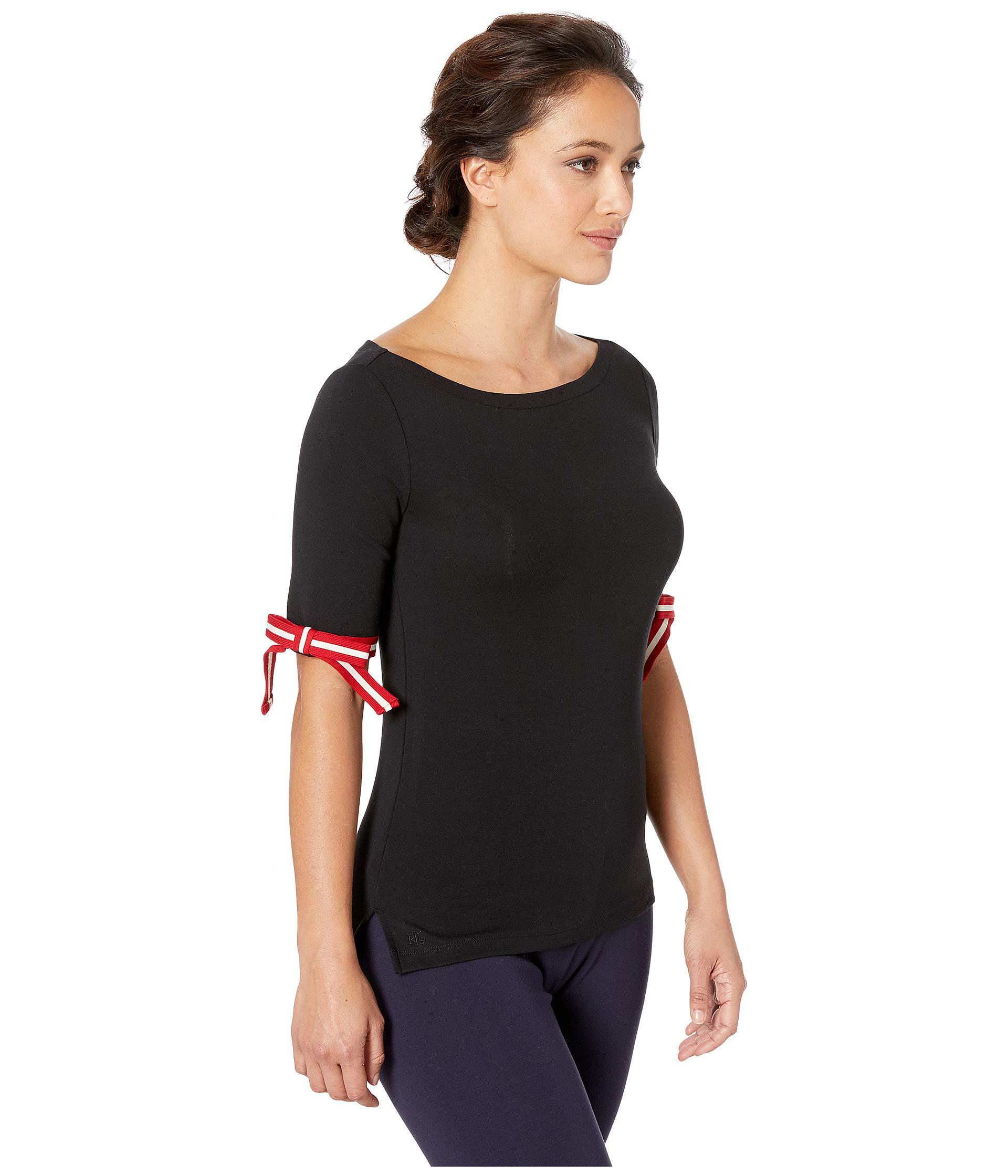 Lauren by Ralph Lauren Petite Ribbon-sleeve Boat Neck Top (polo Black)  Women's T Shirt | Lyst
