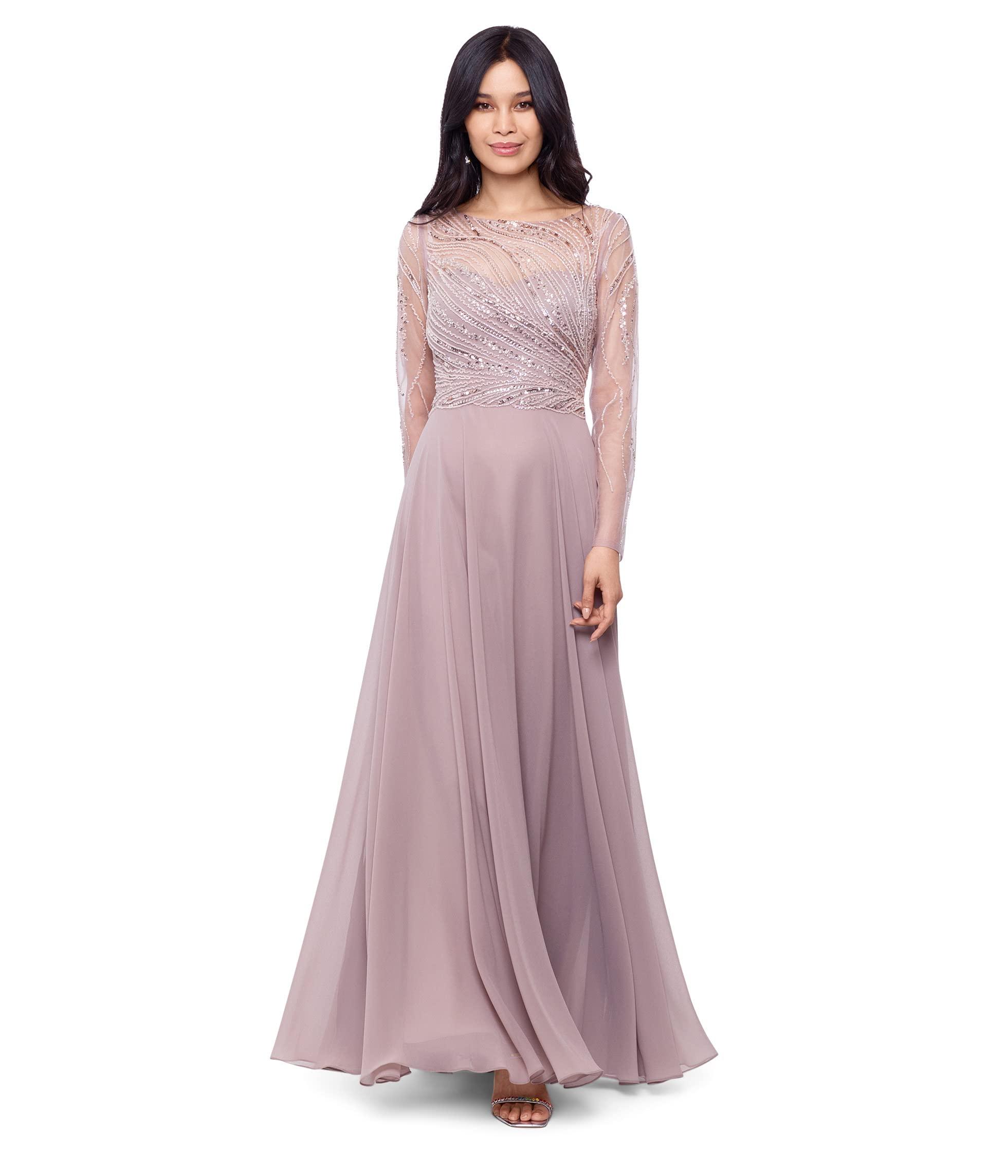 Xscape Long Chiffon Dress With Illusion Sequin Long Sleeves in Pink Lyst