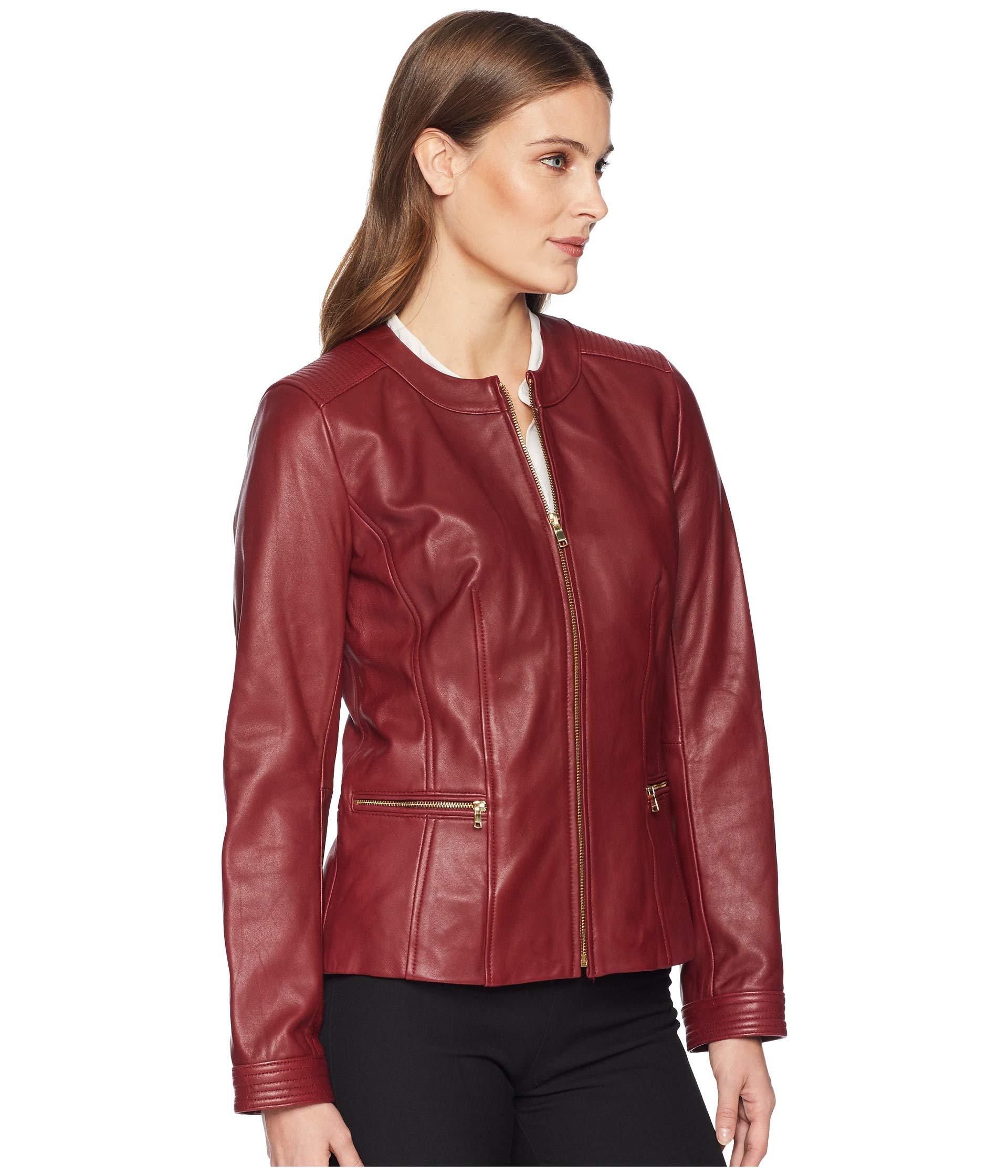 Cole Haan Leather Lambskin Zip - Front Jacket in Ruby Red (Red) | Lyst