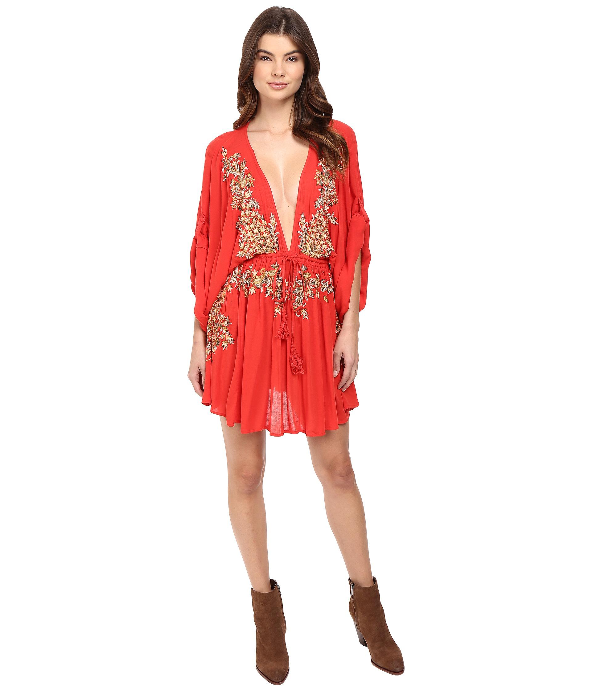 free people red embroidered dress