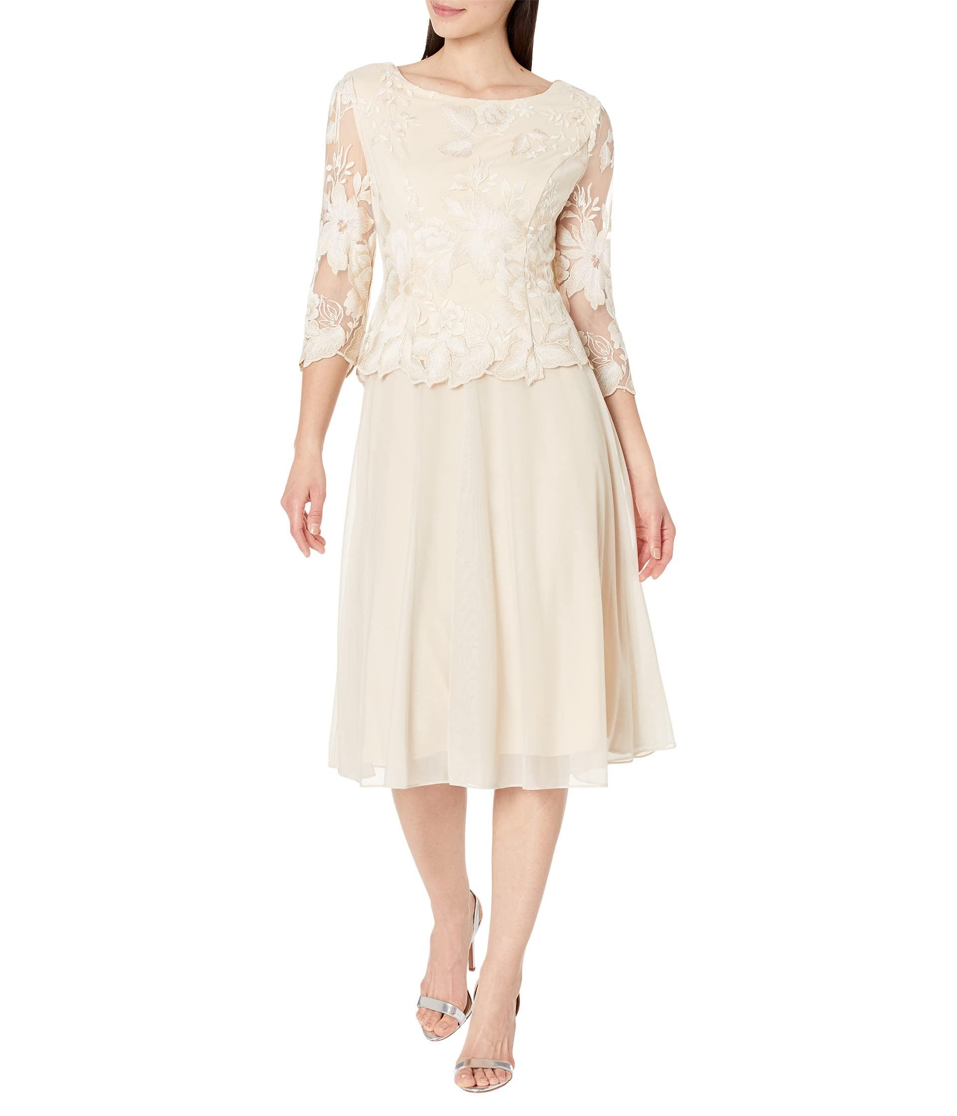 Alex Evenings Tea Length Embroidered Dress With Illusion Sleeve And ...