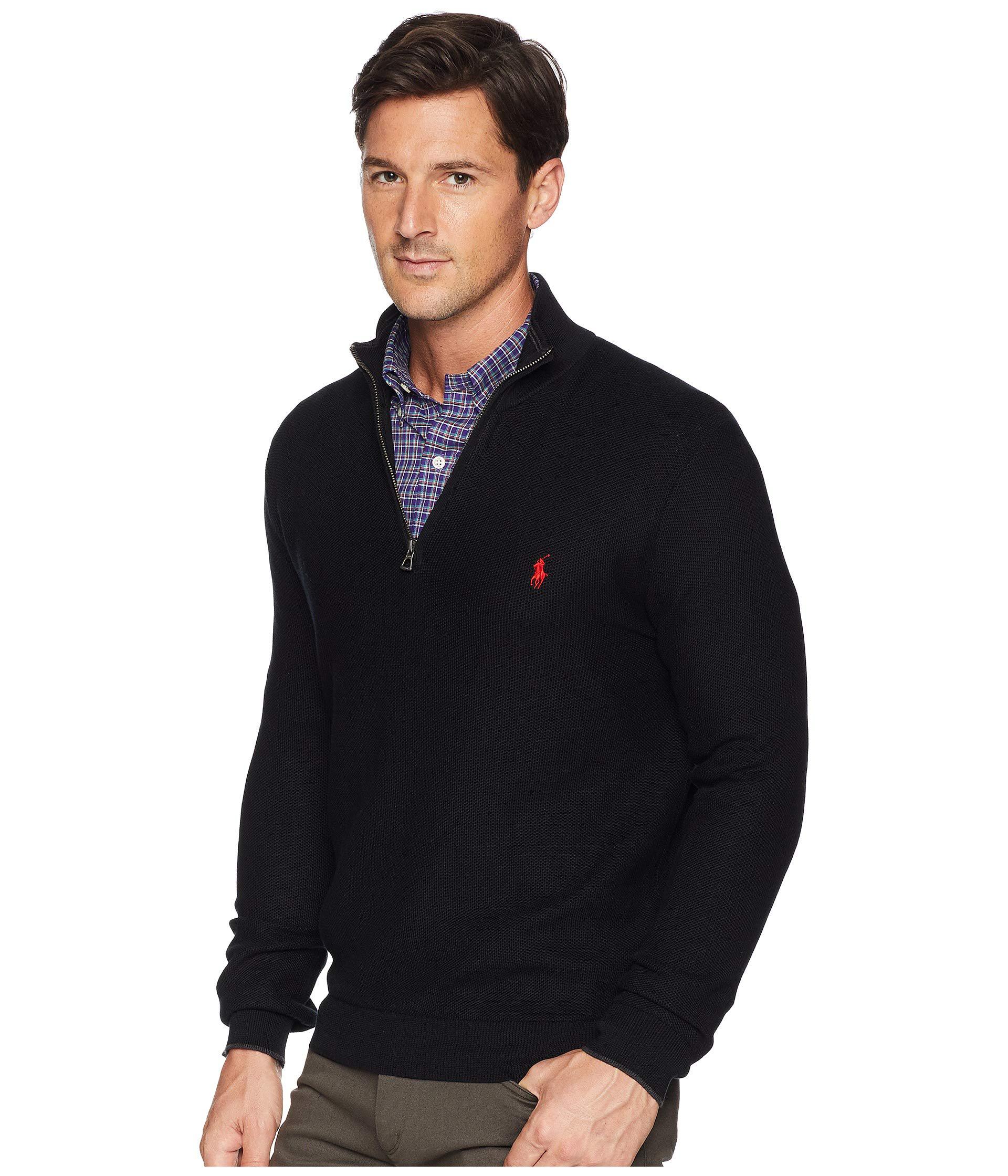 Polo Ralph Lauren Cotton Textured Pique 1/2 Zip (black) Men's Sweater ...