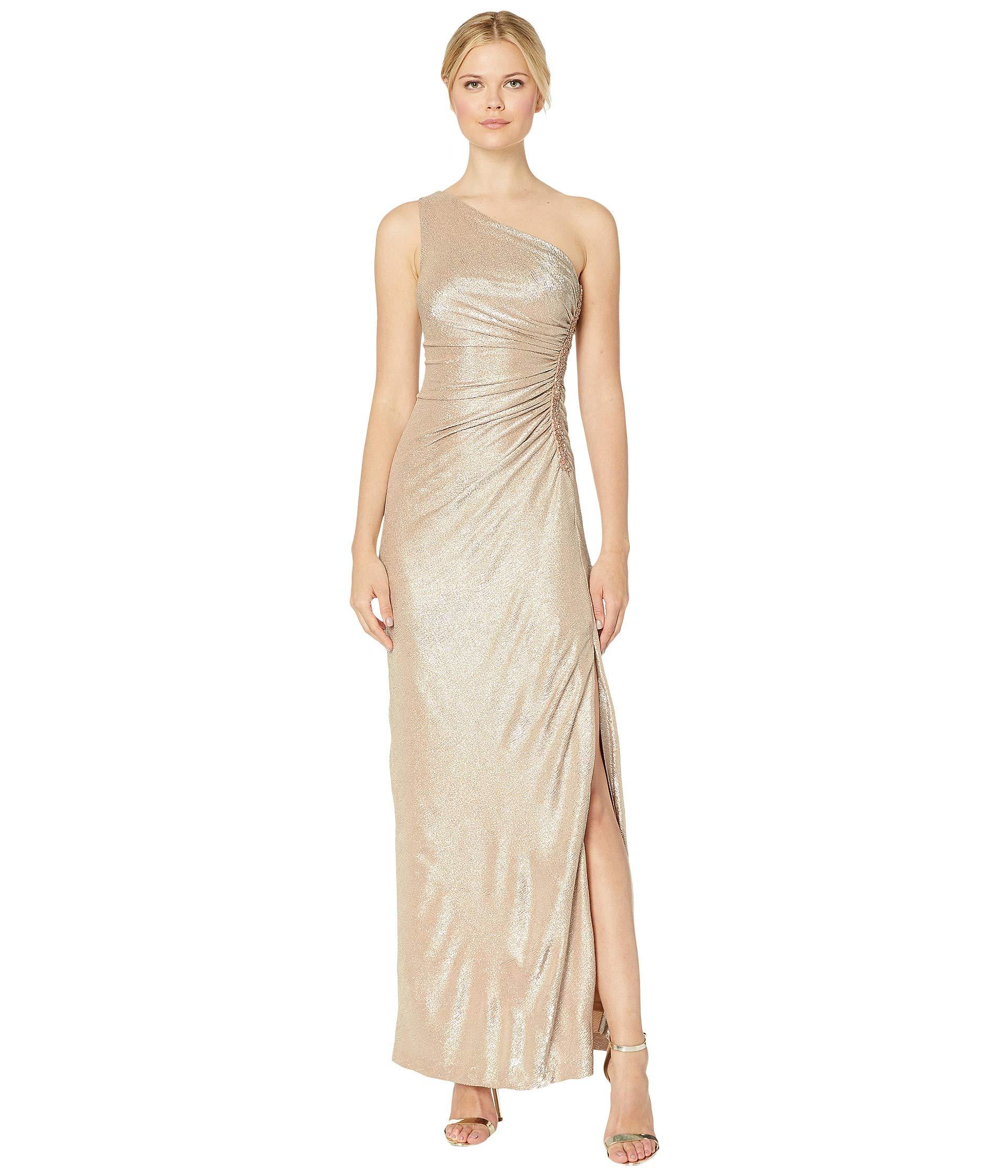 Calvin Klein One Shoulder Ruched Gown (buff/silver) Women's Dress in  Natural | Lyst