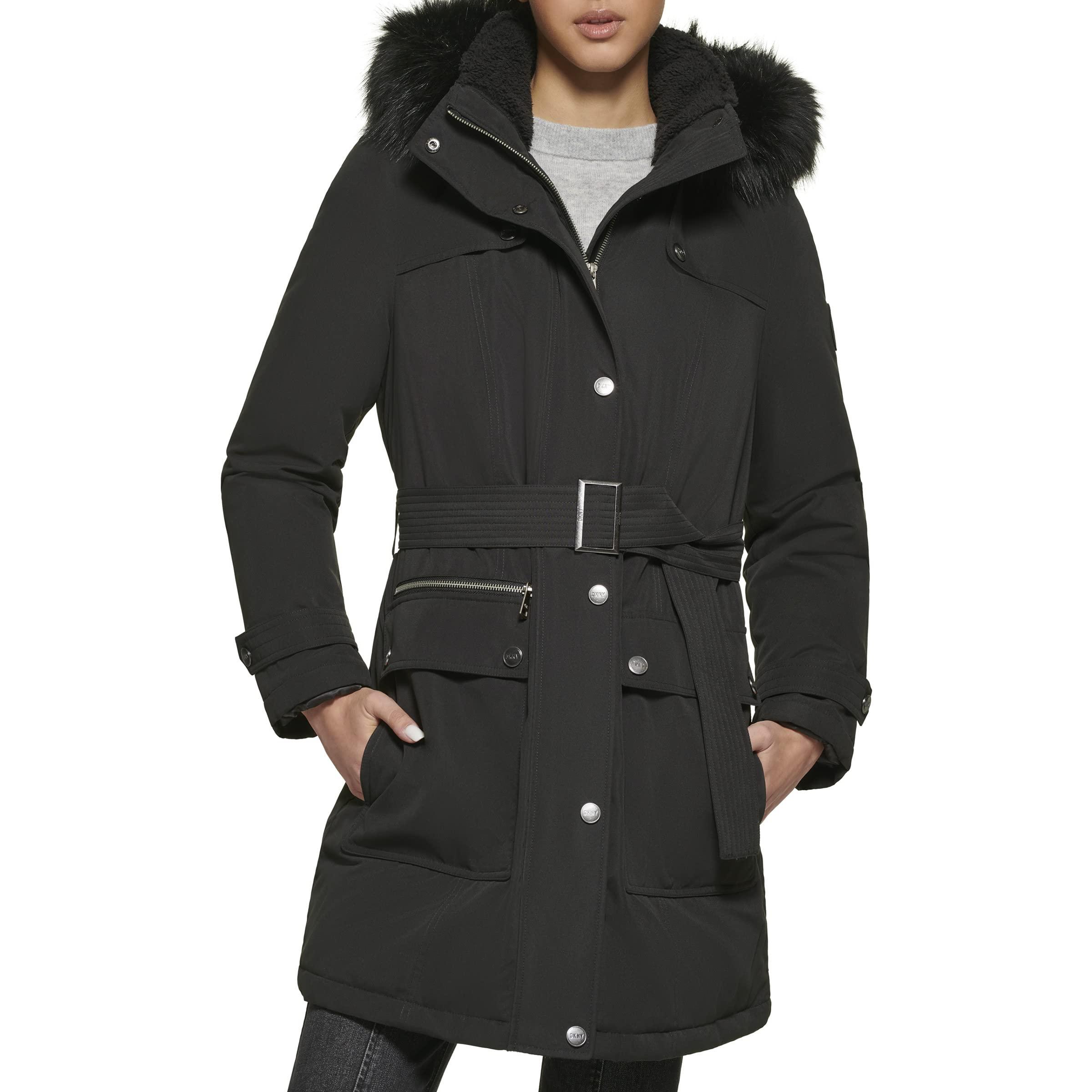 DKNY Faux Fur Hood Belted Anorak in Black | Lyst