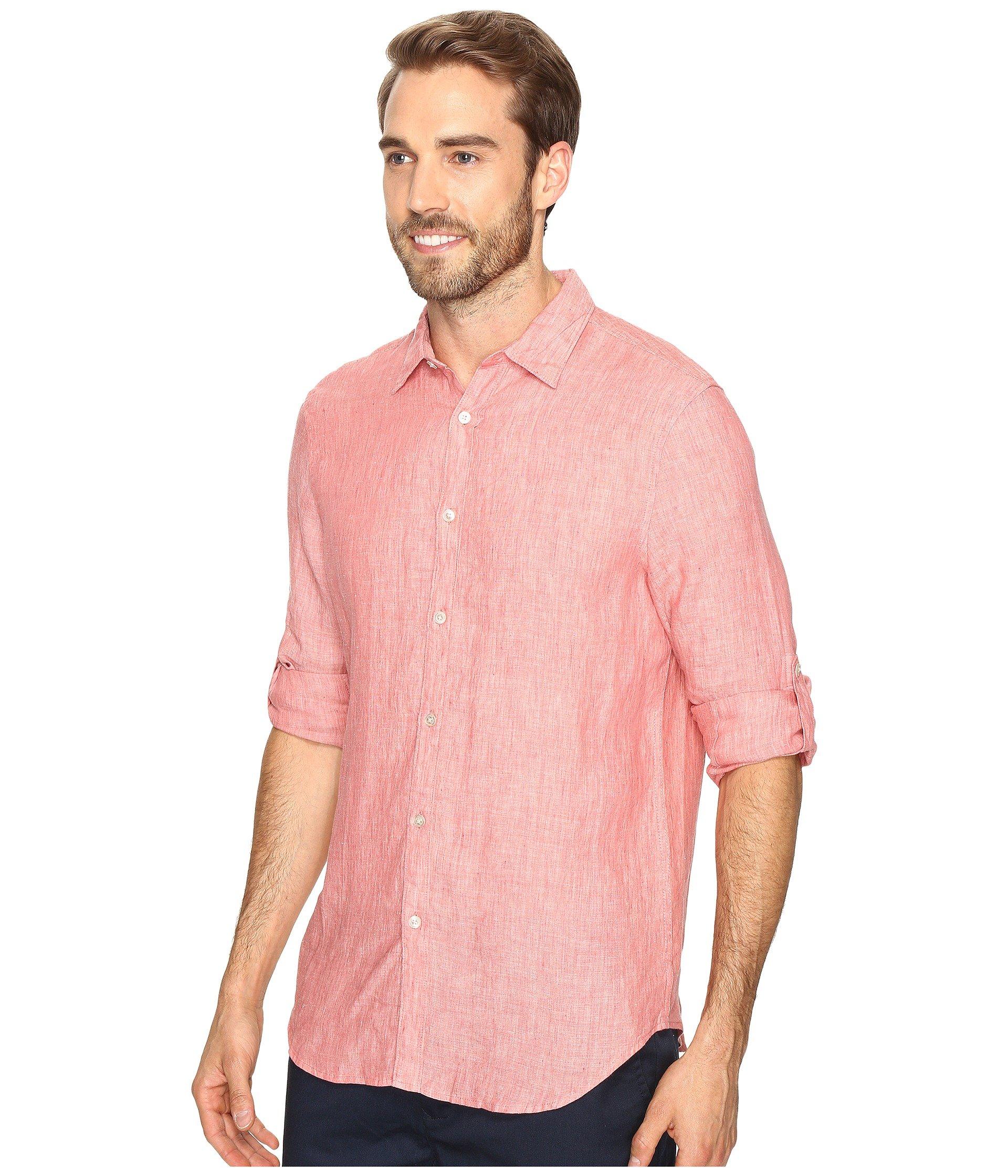 Perry Ellis Rolled Sleeve Solid Linen Shirt in Red for Men - Lyst