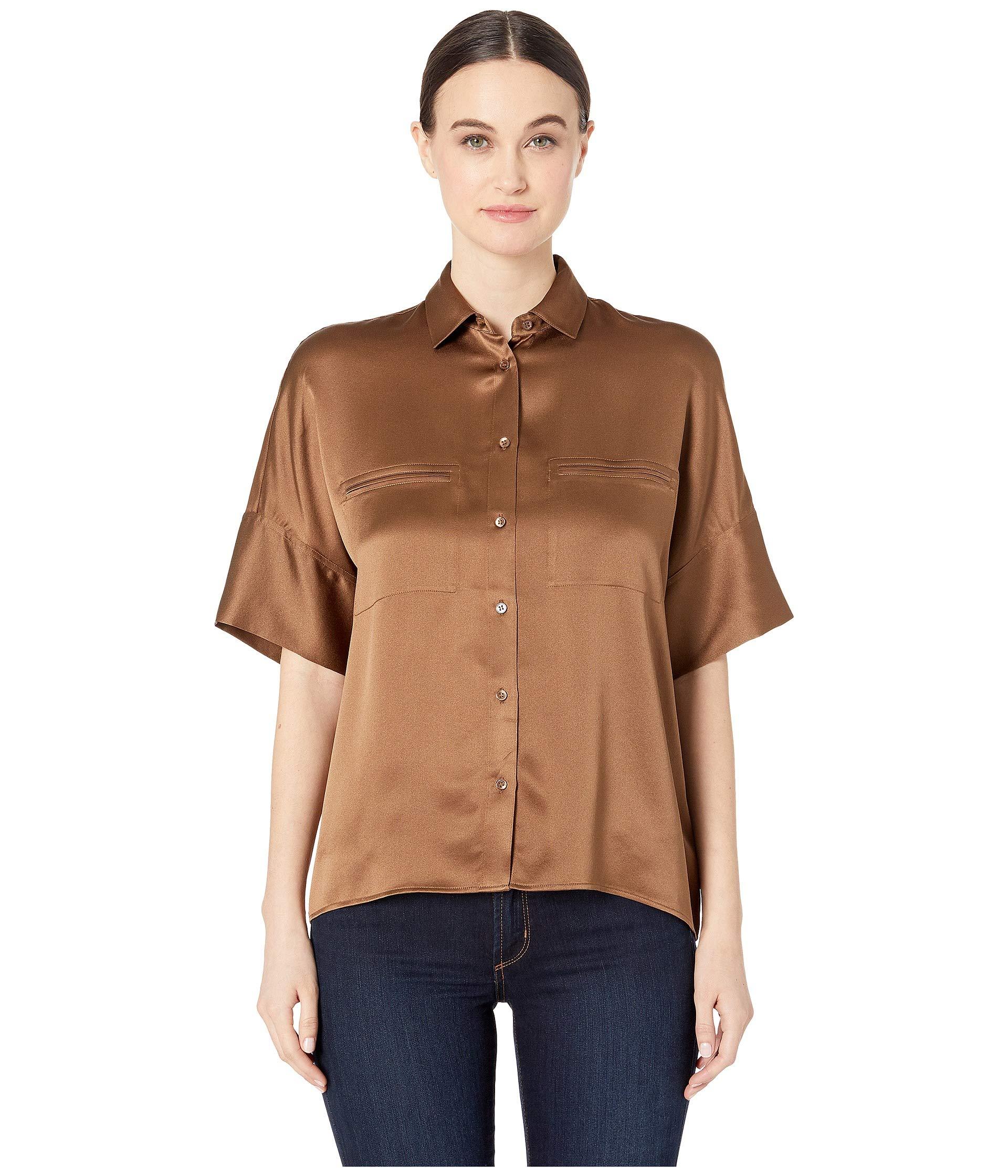 Vince Button-down Short-sleeve Silk Satin Blouse in Brown - Save 40% - Lyst