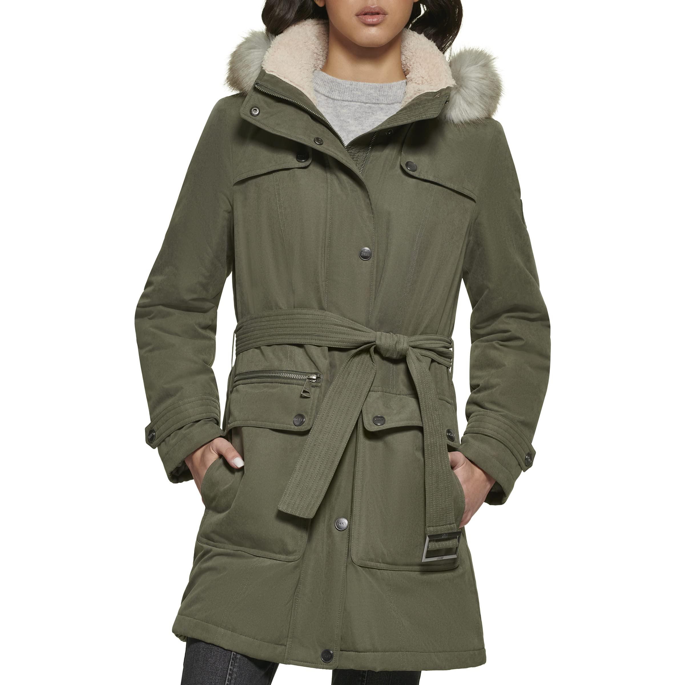 DKNY Faux Fur Hood Belted Anorak in Green | Lyst
