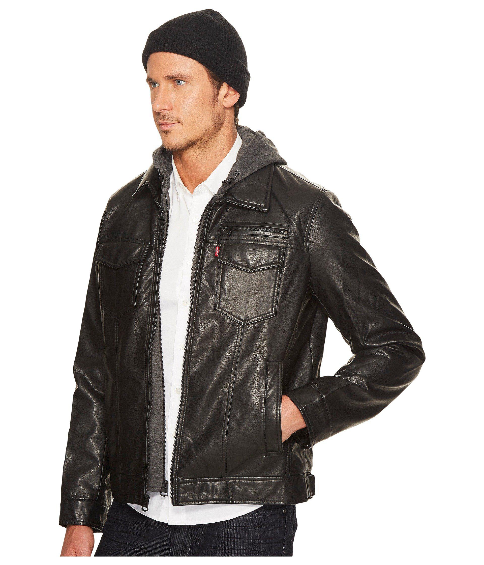 Lyst Levi S R Faux Leather Trucker With Jersey Hood And Lyst Levi S R Faux Leather Trucker With Jersey Hood And Fleece Lining Black Men Coat In For