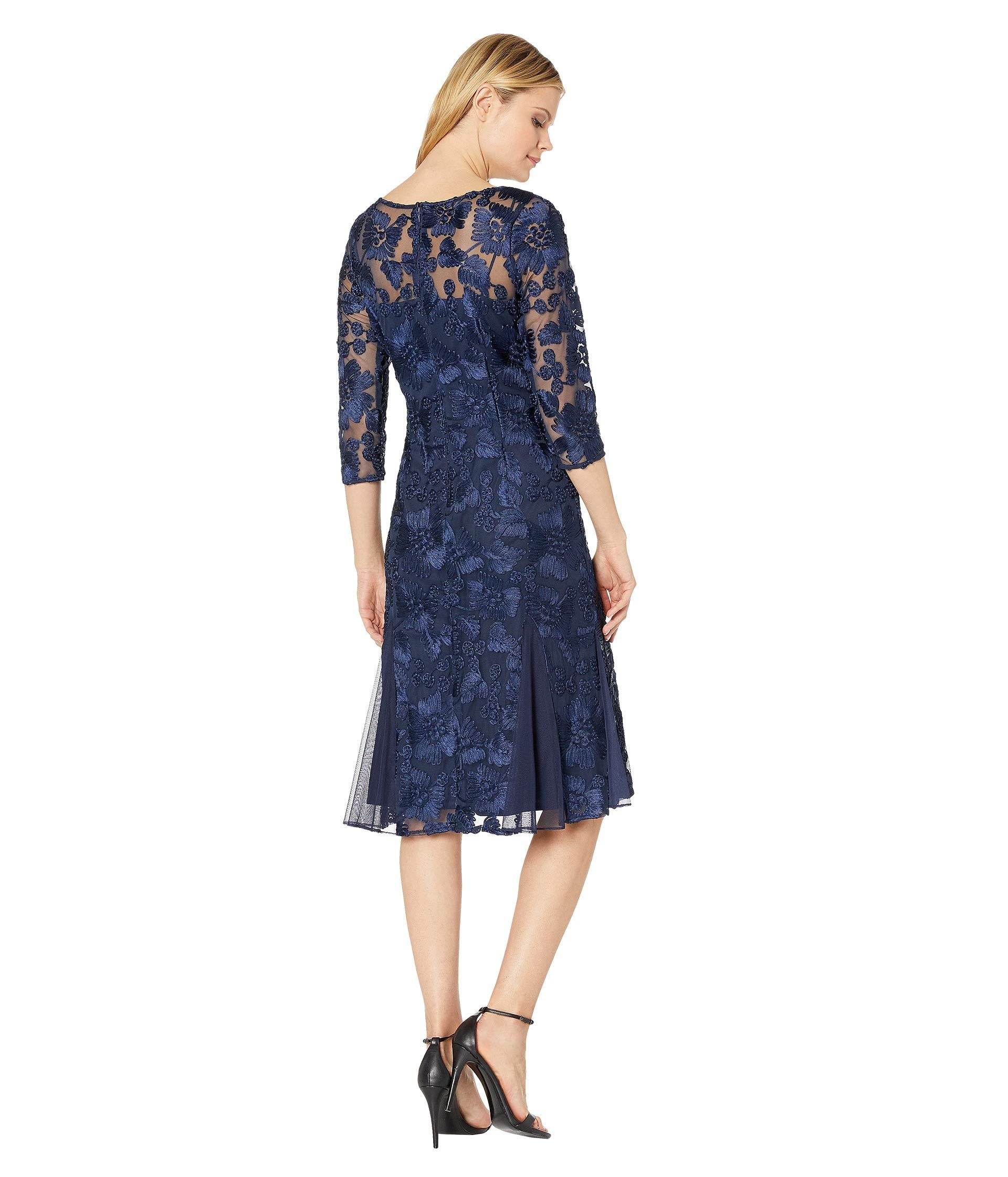 Alex Evenings Womens Cap Sleeve Fit and Flare Dress with Embroidered Neckline