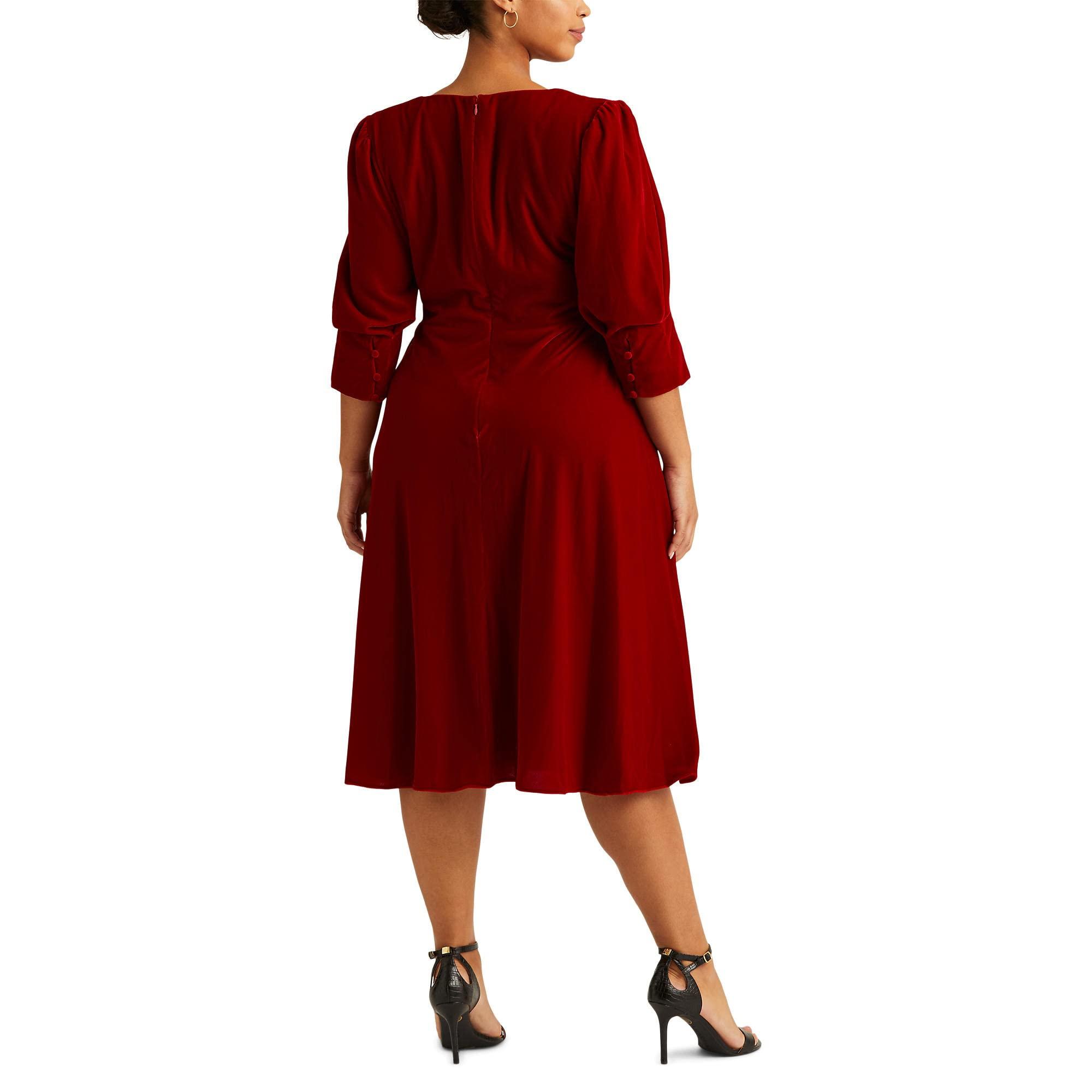 Lauren by Ralph Lauren Plus Size Velvet Puff-sleeve Dress in Red | Lyst