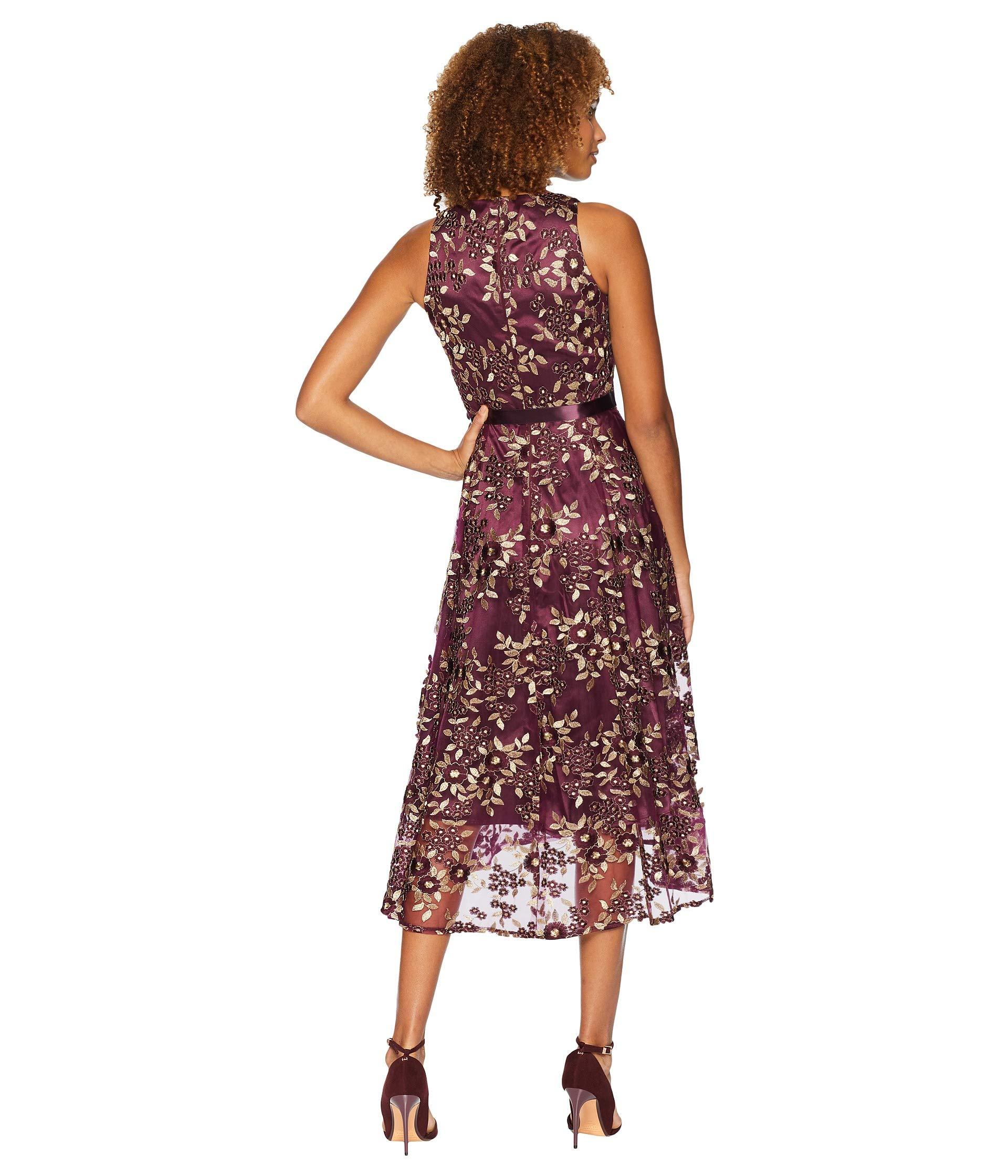 Tahari Satin Embroidered Mesh Midi Dress Lyst