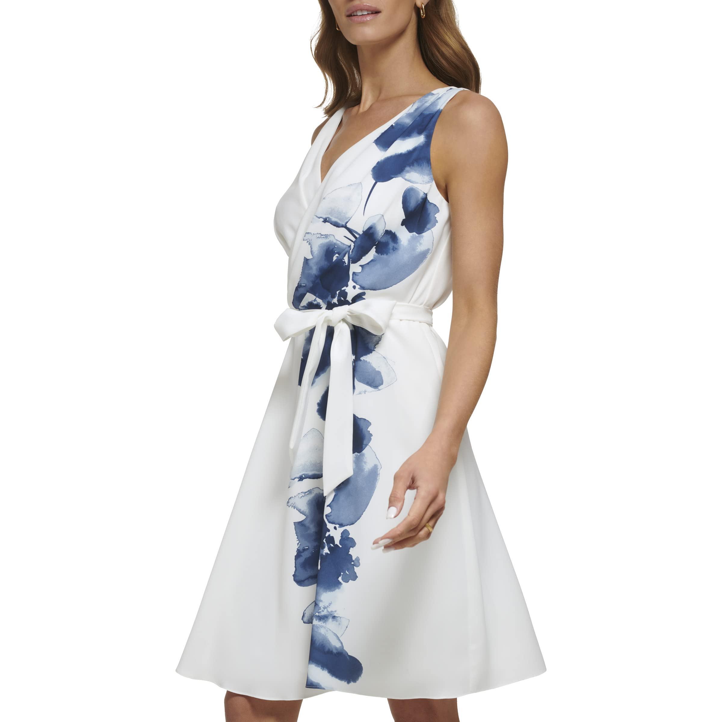 DKNY Sleeveless Floral Border Belted Dress in Blue | Lyst