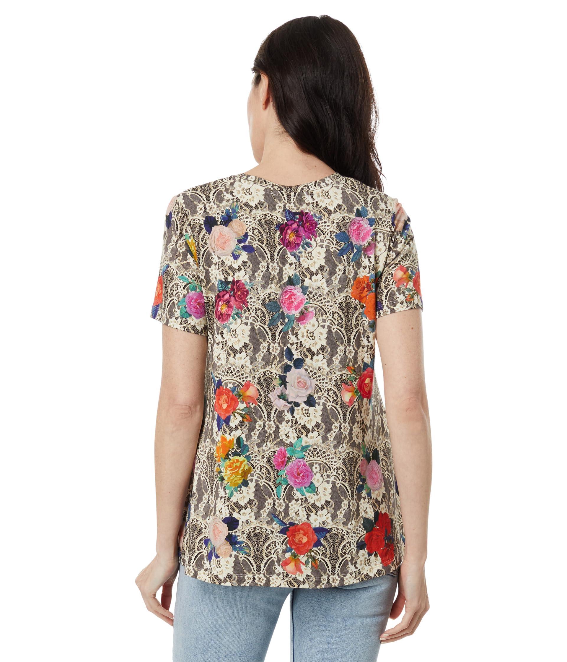 Johnny Was Rose Lace Favorite Short Sleeve V-neck Swing Tee in