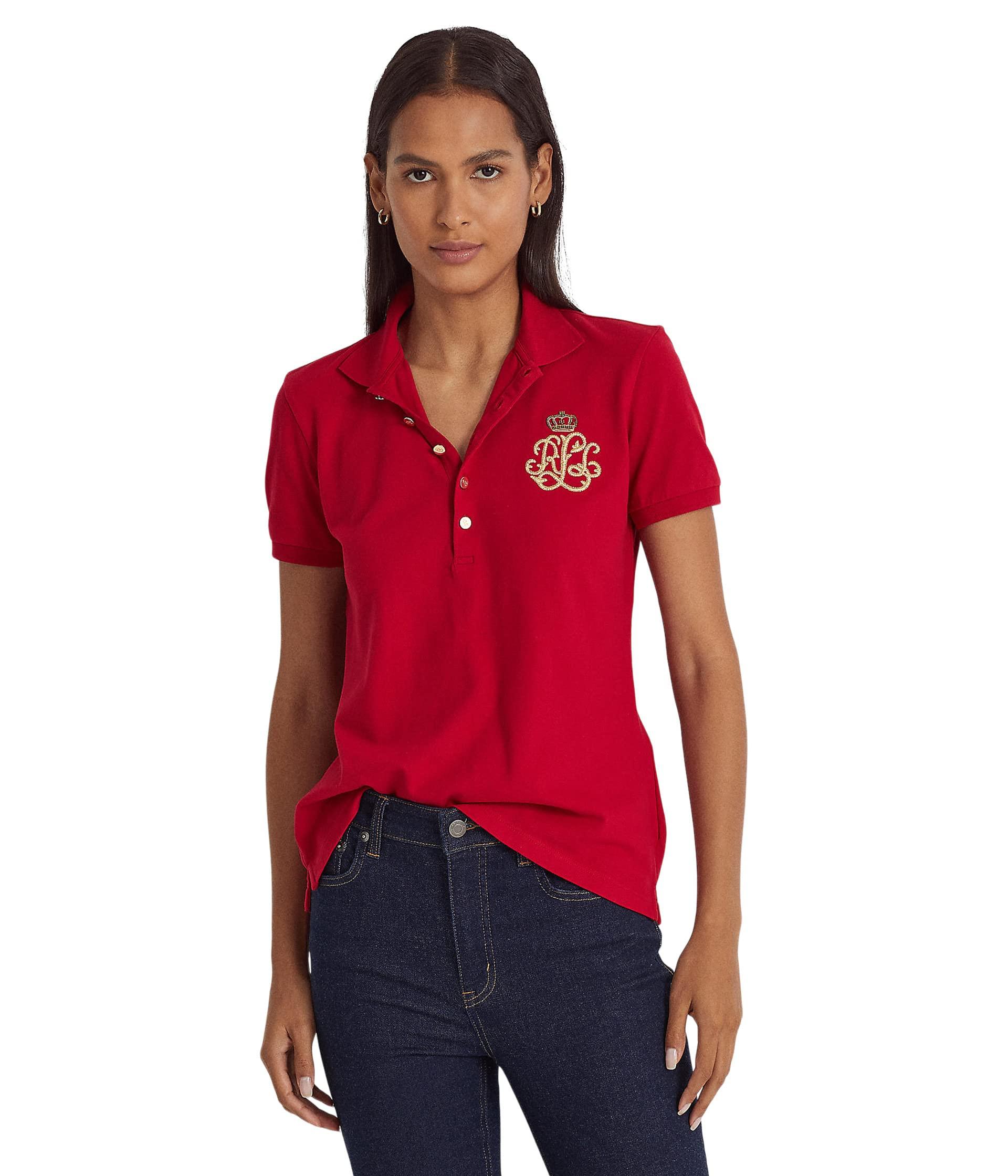 Lauren by Ralph Lauren Beaded-logo Pique Polo Shirt in Red | Lyst