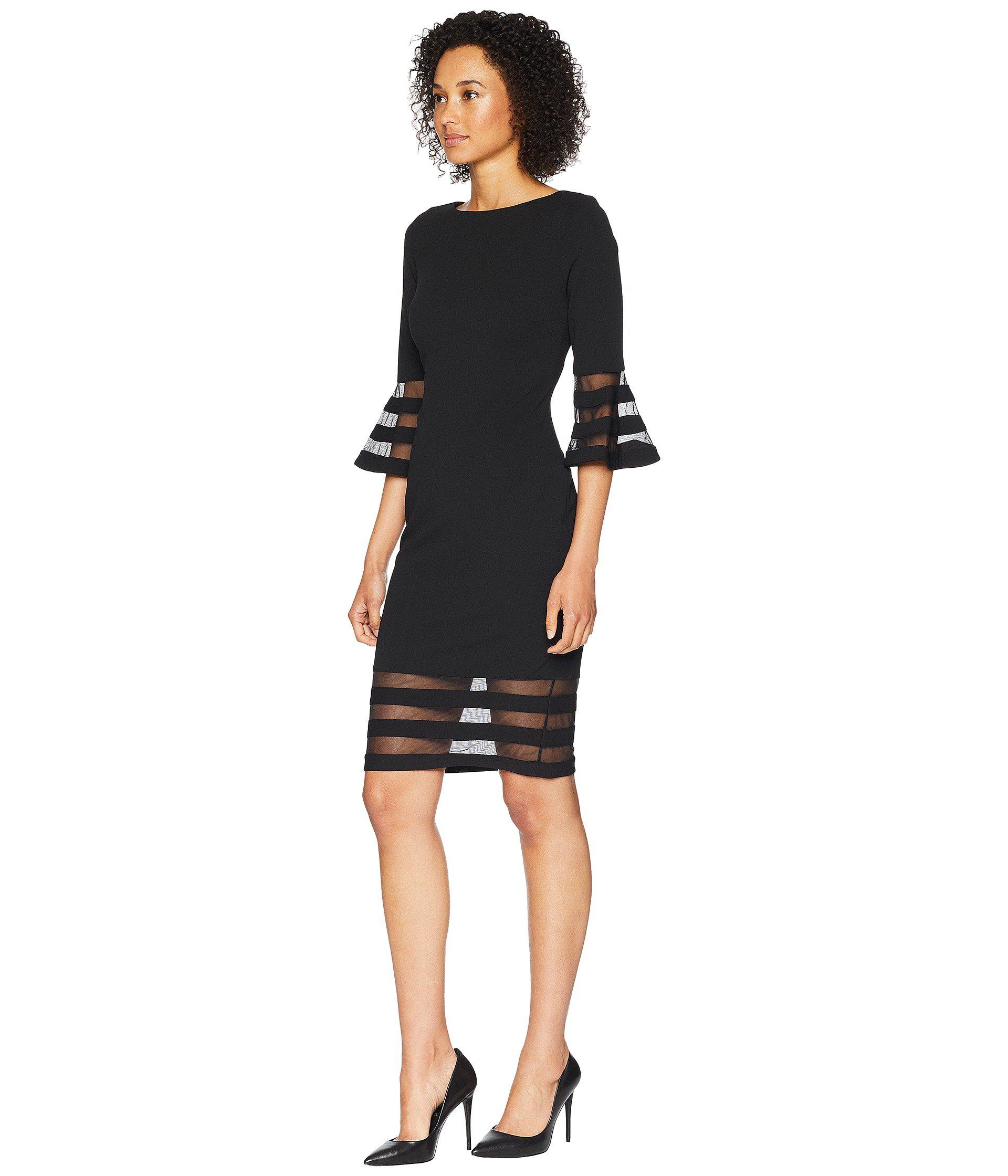 Calvin Klein Bell Sleeve Sheath With Sheer Inserts Dress in Black | Lyst