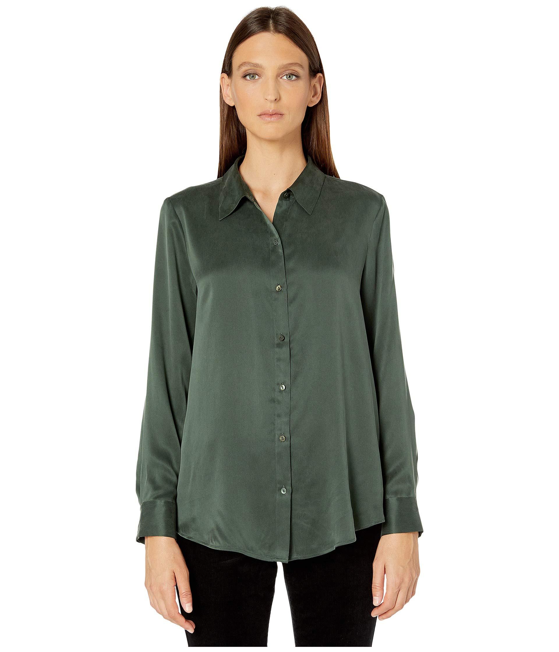 Eileen Fisher Sandwashed Silk Charmeuse Classic Collar Shirt in Green ...