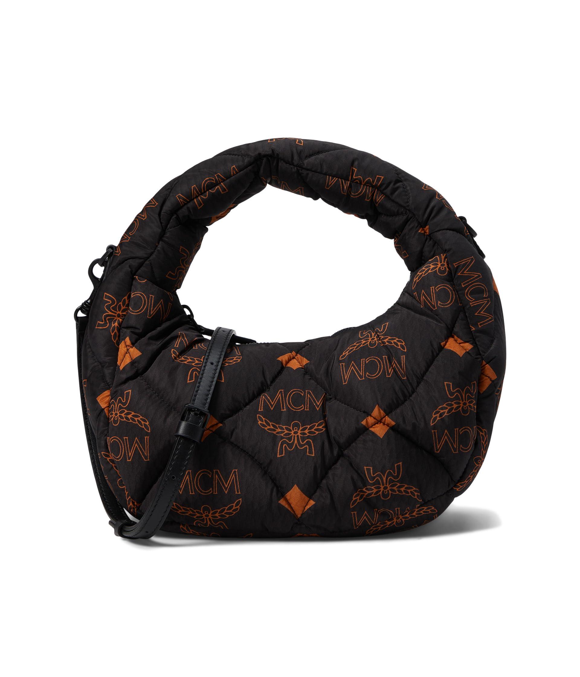 MCM Klara Large Hobo Monogram Leather Black Tan Zipper Top Bag Crossbody