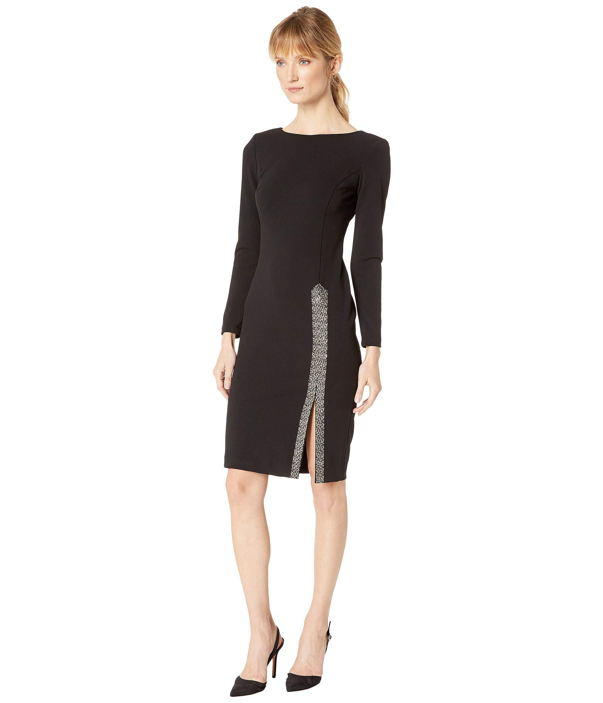 Calvin Klein Long Sleeve Sheath With Embellished Slit Dress in Black | Lyst
