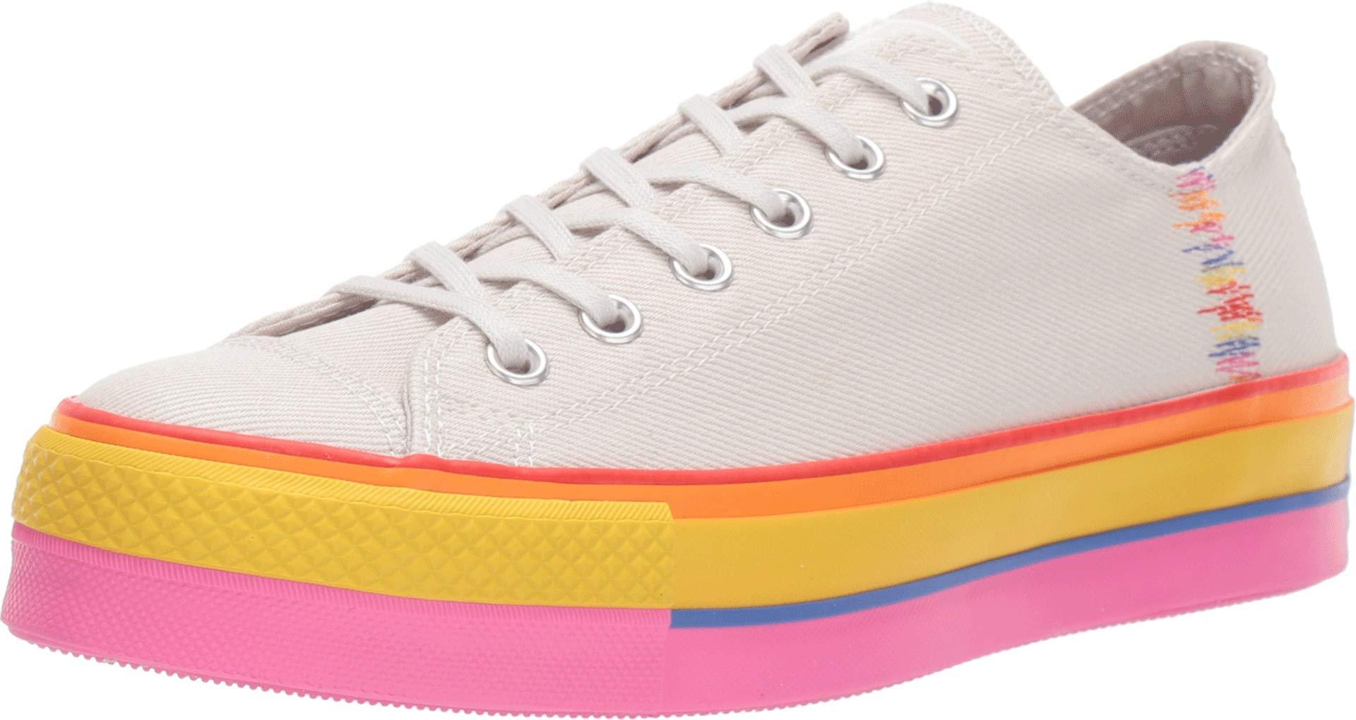 white converse with rainbow stitching