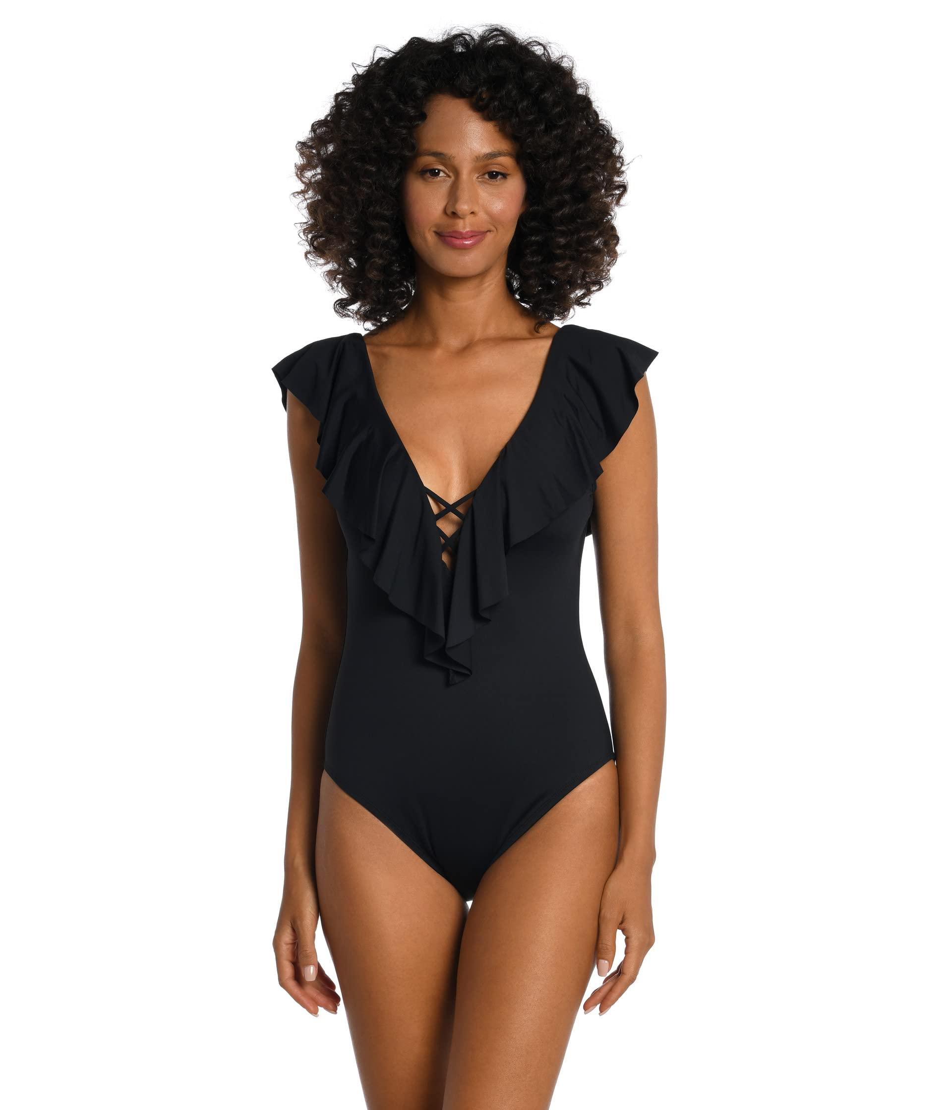 La Blanca Island Goddess Ruffle Plunge Mio in Black | Lyst