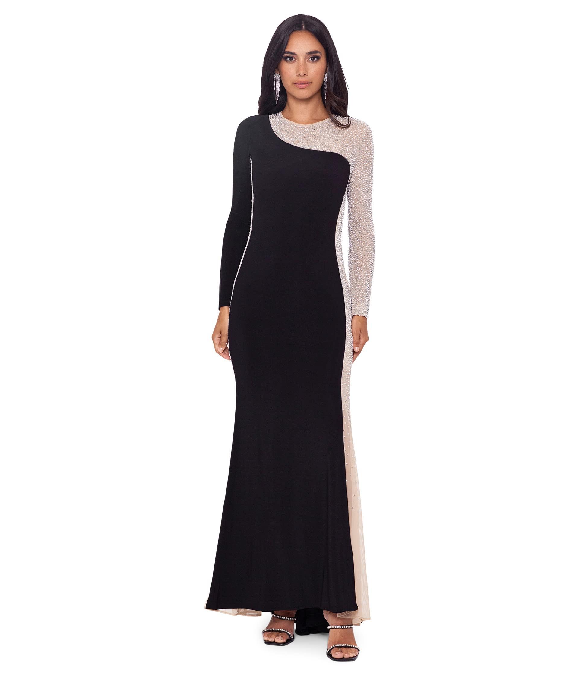 xscape caviar beaded illusion gown