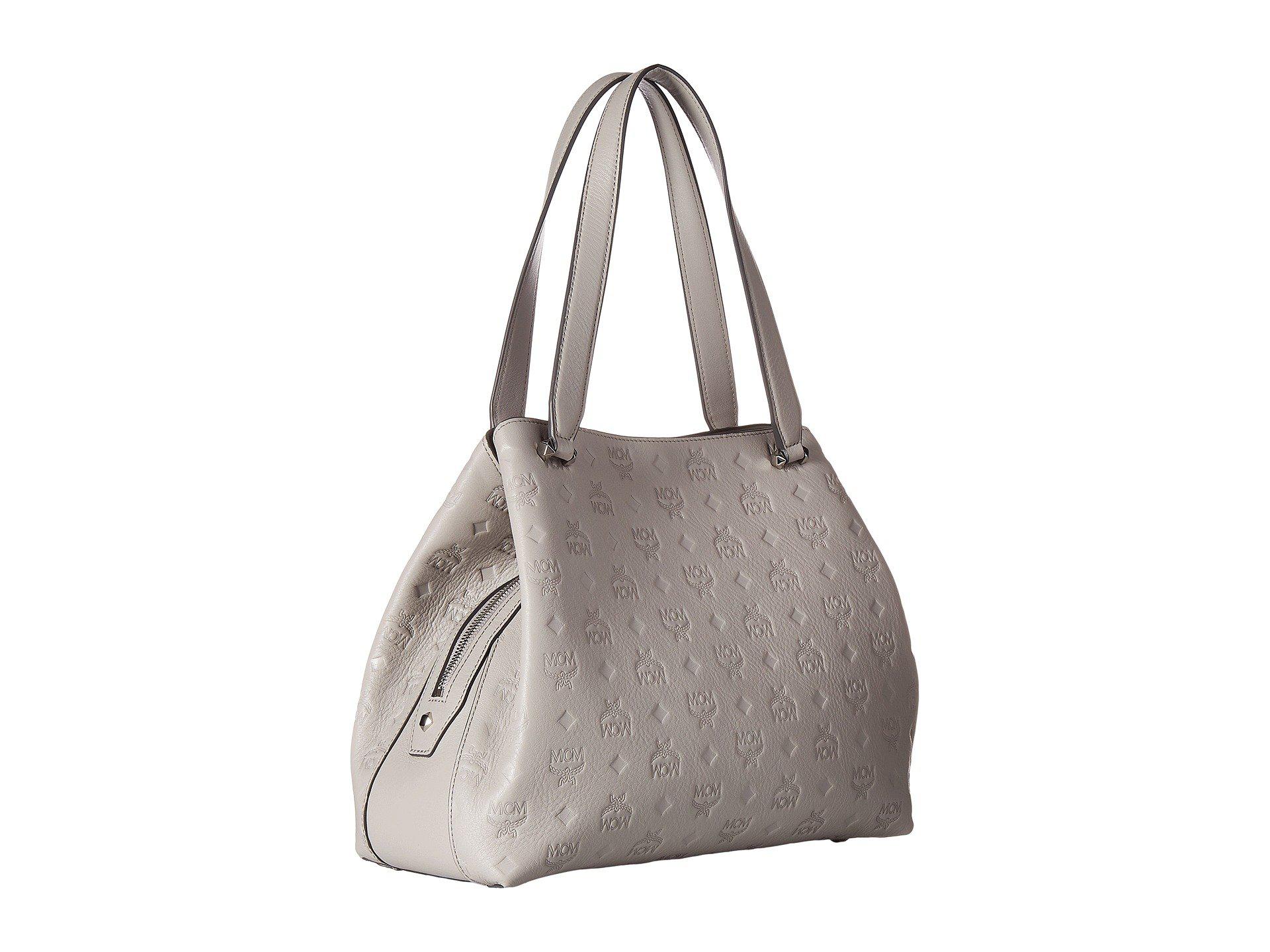 MCM Essential Monogrammed Leather Medium Hobo (dove) Hobo Handbags in Gray - Lyst