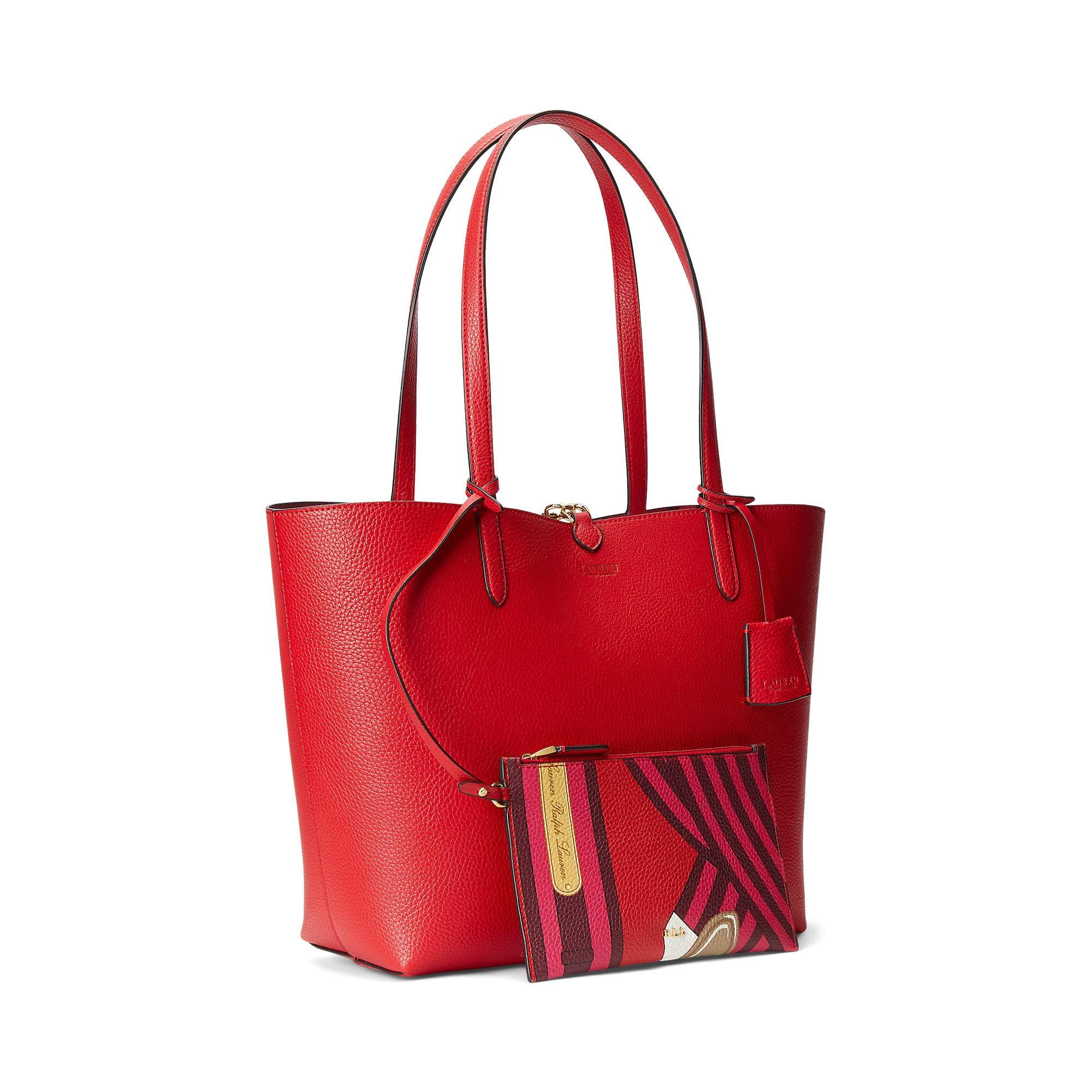 Lauren Ralph Lauren One Size Crosshatch Leather Tote • Red • Dust Bag