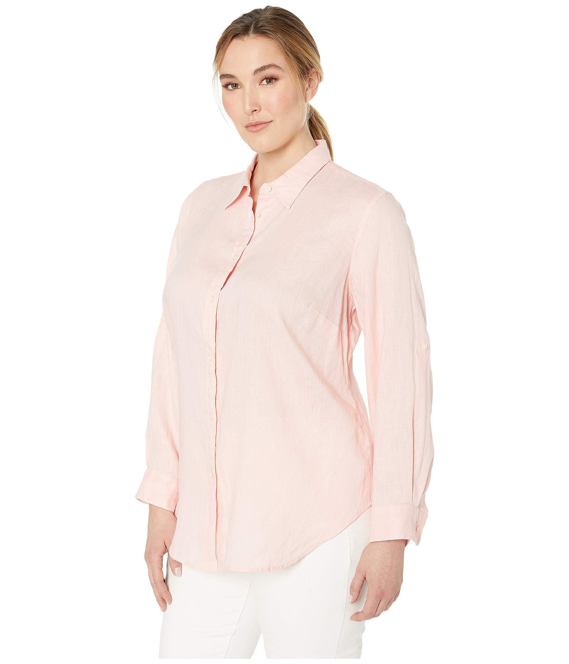 Lauren by Ralph Lauren Plus Size Linen Rollcuff Shirt (white) Women's