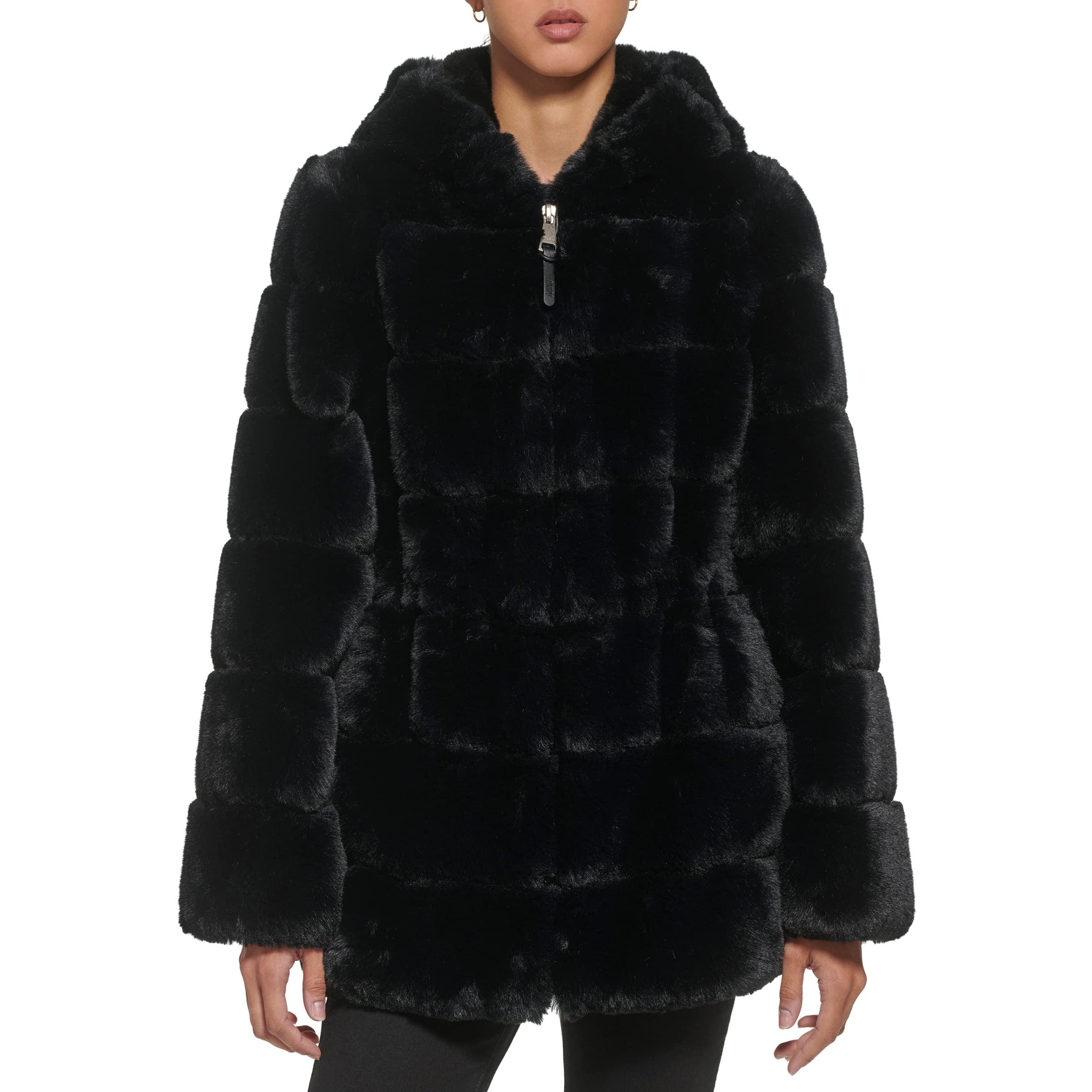 DKNY Zip Front Faux Fur Jacket in Black | Lyst