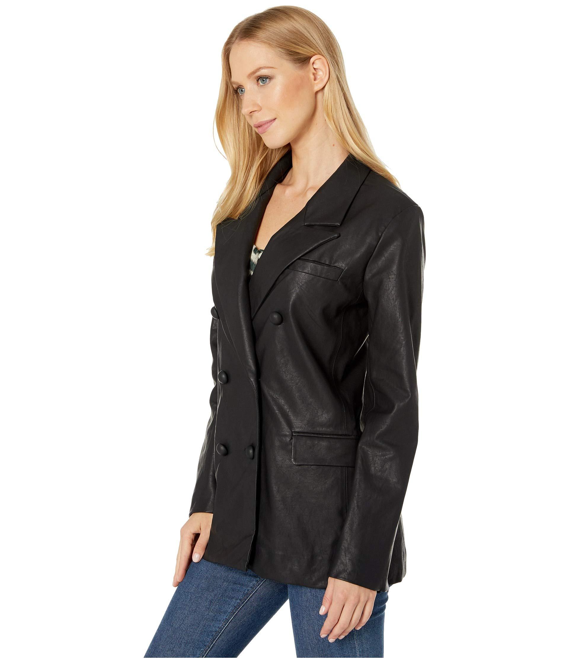 Blank NYC Faux Leather Long Double Breasted Blazer In Carbon in 