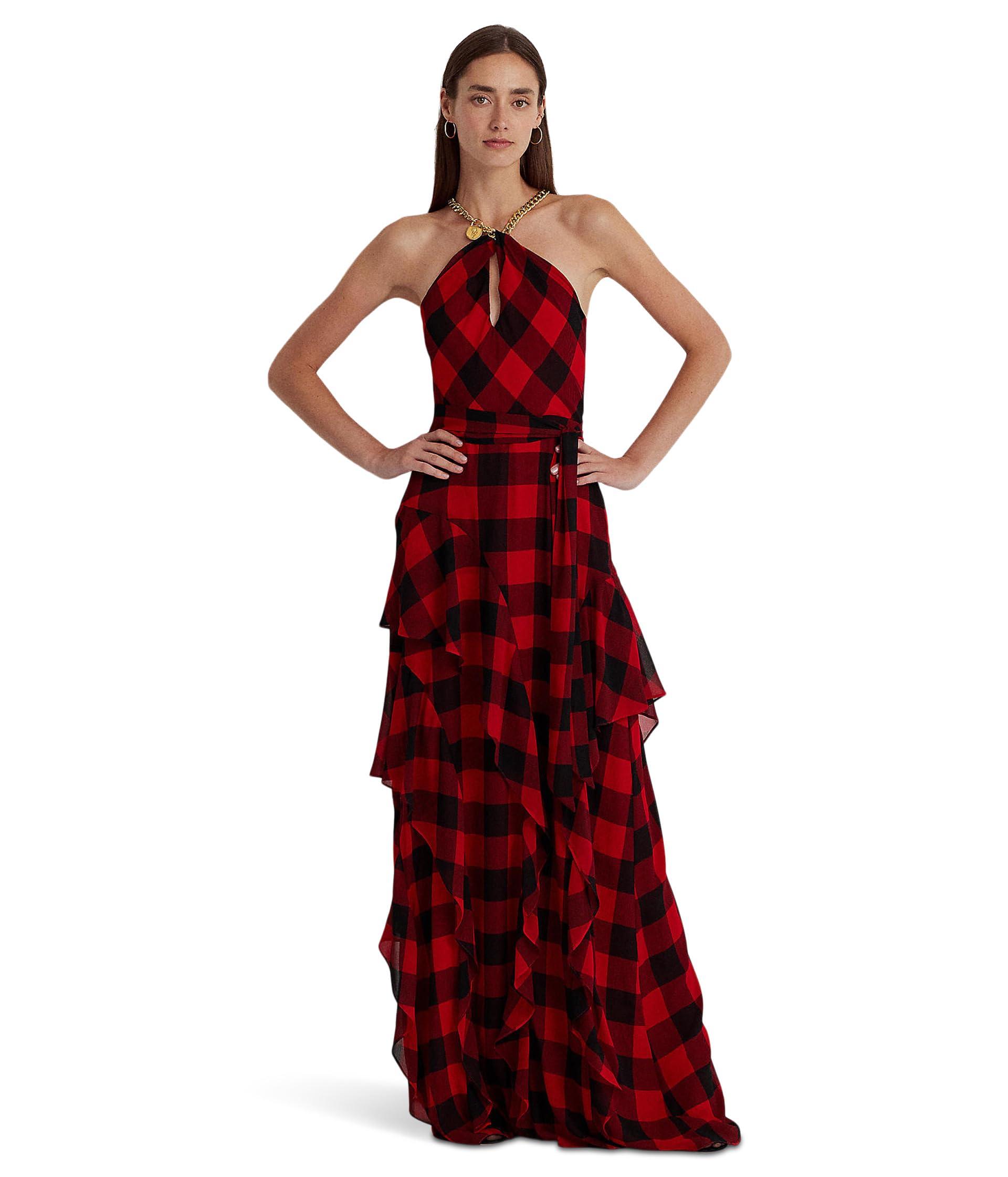 Lauren by Ralph Lauren Buffalo Check Georgette Halter Gown in Red | Lyst