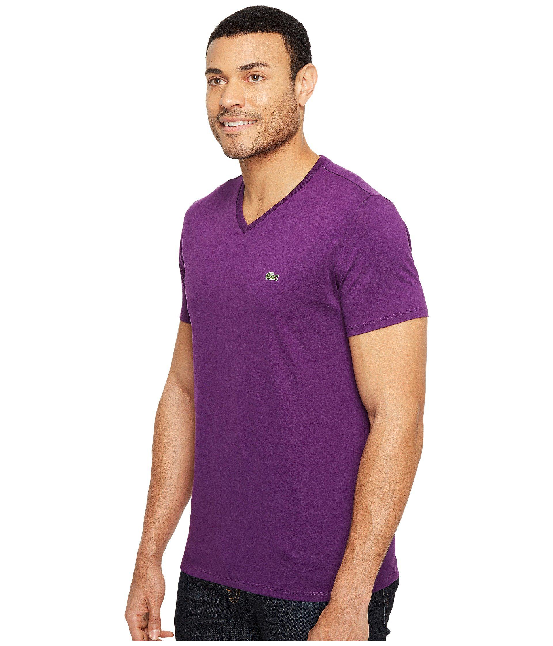 Lacoste Short V-neck Pima Jersey Tee Shirt in Purple for | Lyst