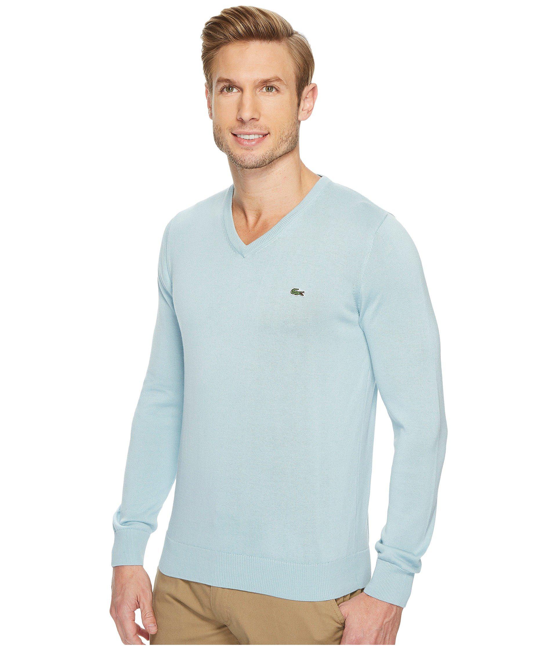 Lacoste V-neck Cotton Jersey Sweater With Green Croc in Blue for Men - Lyst