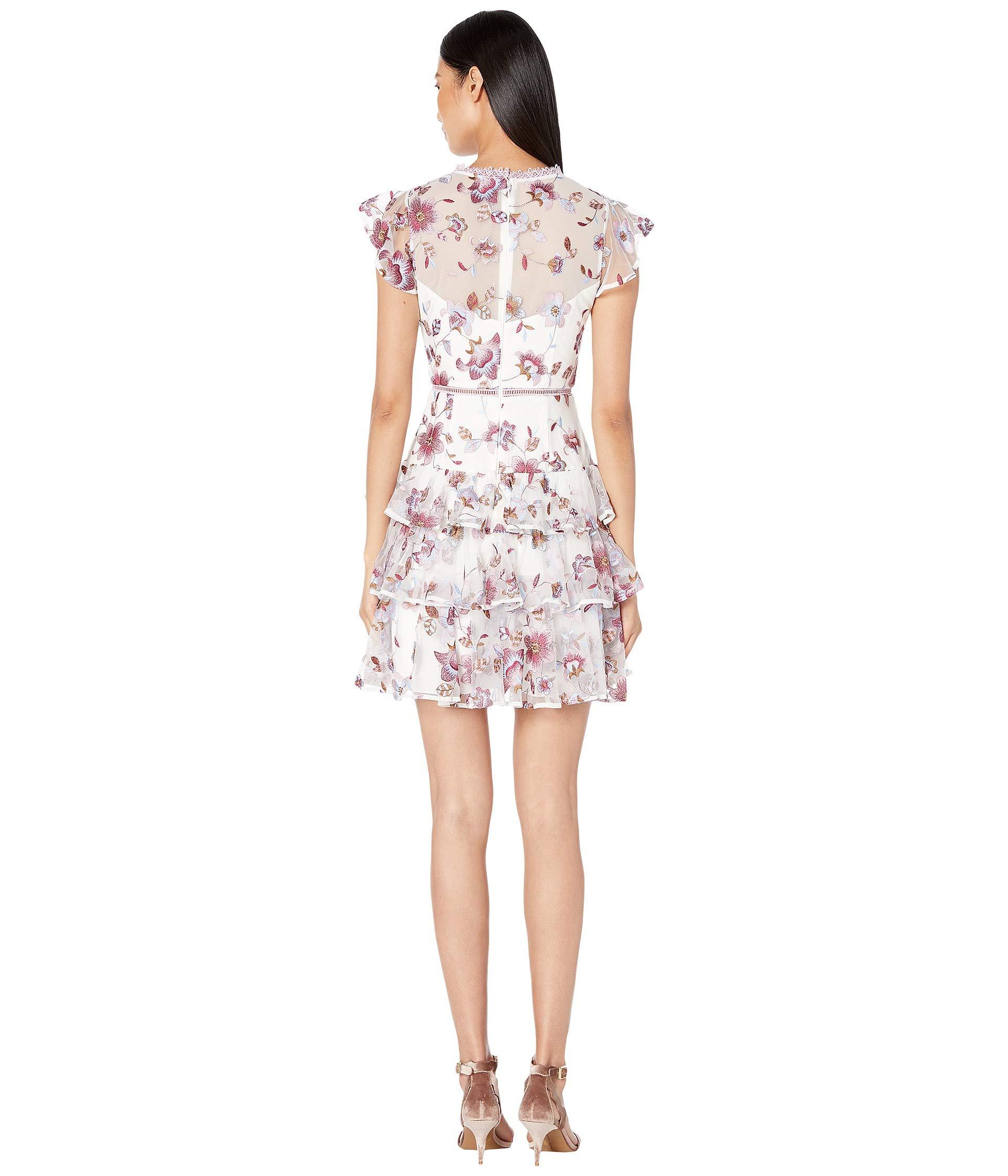 ML Monique Lhuillier Lace Embroidered Mesh Tiered Dress With Ruffled Sleeves in White - Lyst