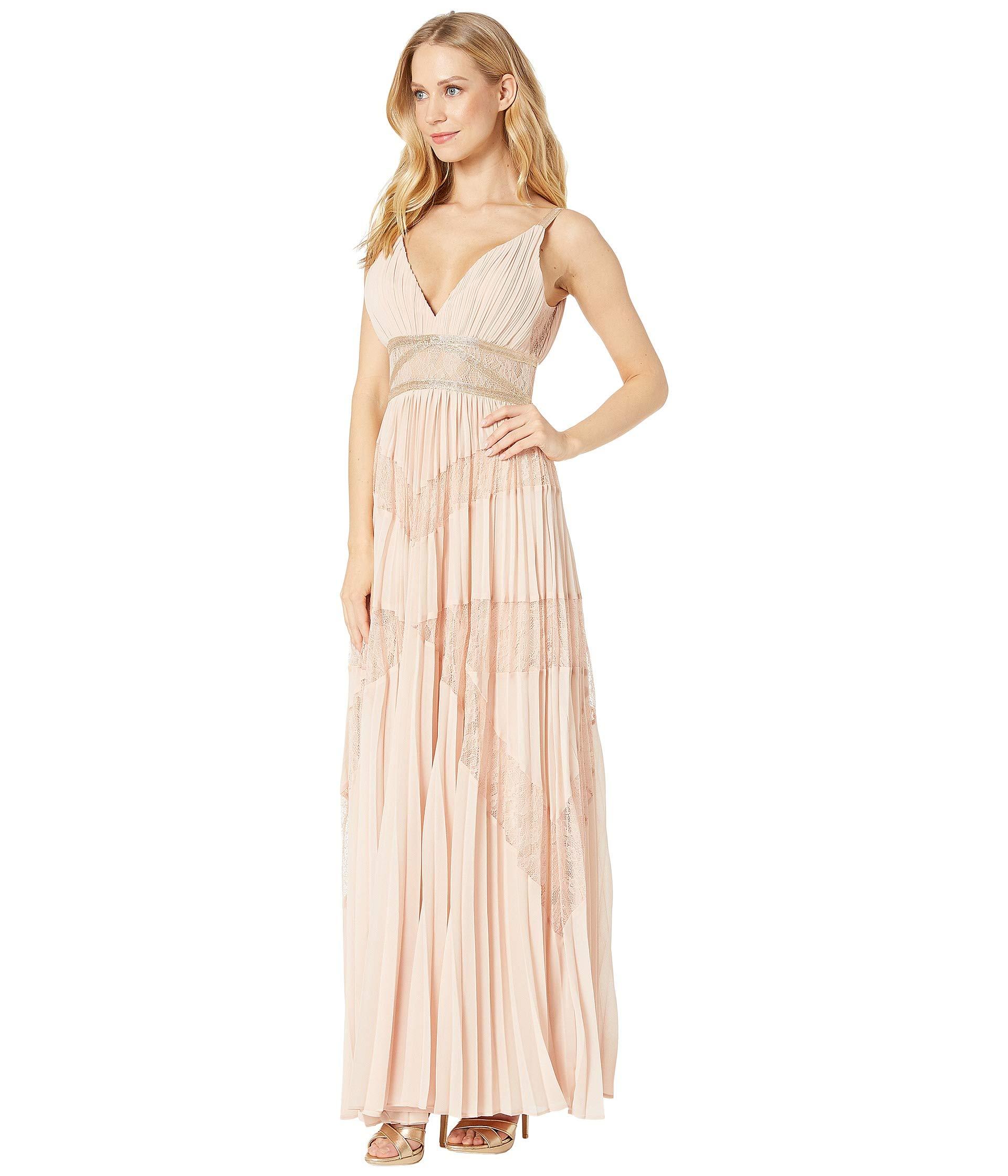 bcbg pleated lace inset gown